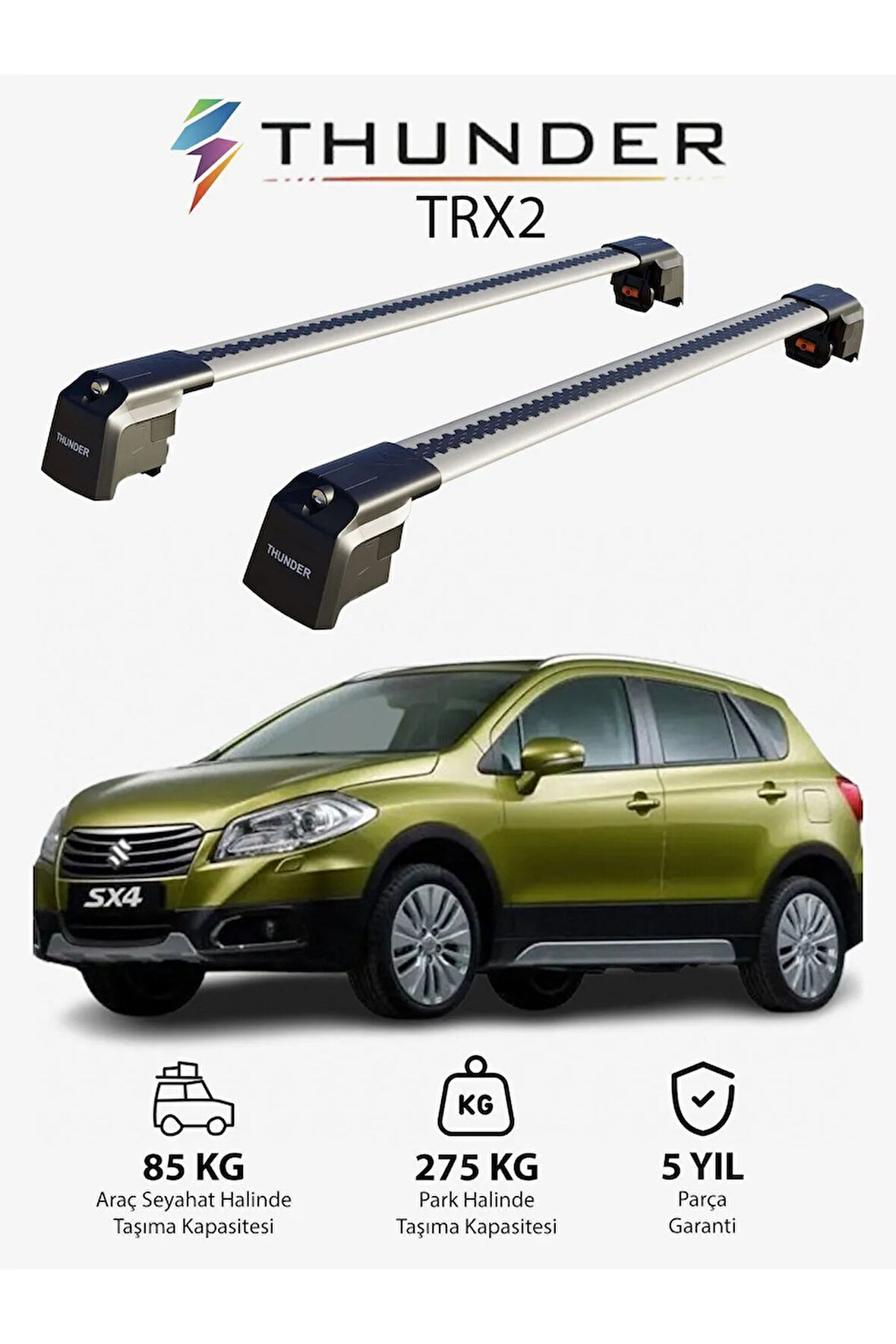 SUZUKI SX4 S-CROSS 2014-2021 TRX2 Thunder Carrier Kilitli Ara Atkı Taşıyıcı Tavan Barı Gri