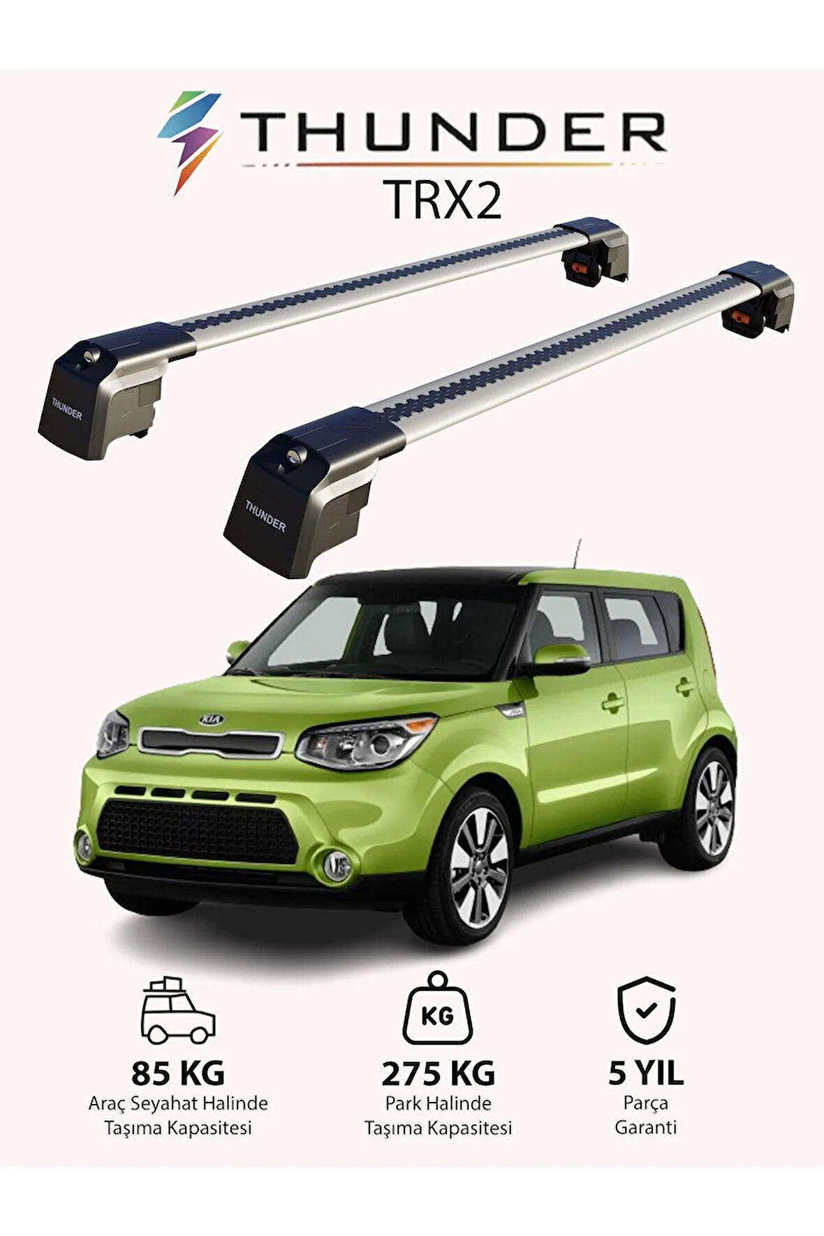 KIA SOUL 2014-2019 TRX2 Thunder Carrier Kilitli Ara Atkı Taşıyıcı Tavan Barı Gri