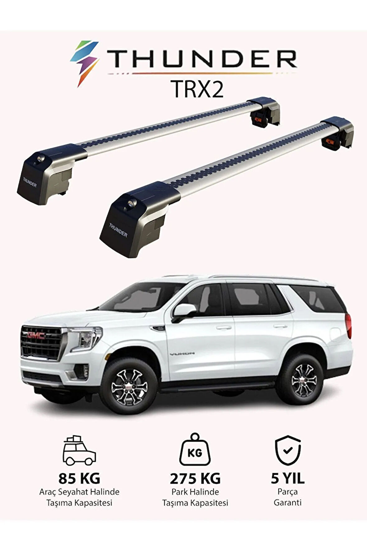 GMC YUKON 2015-2020 TRX2 Thunder Carrier Kilitli Ara Atkı Taşıyıcı Tavan Barı Gri