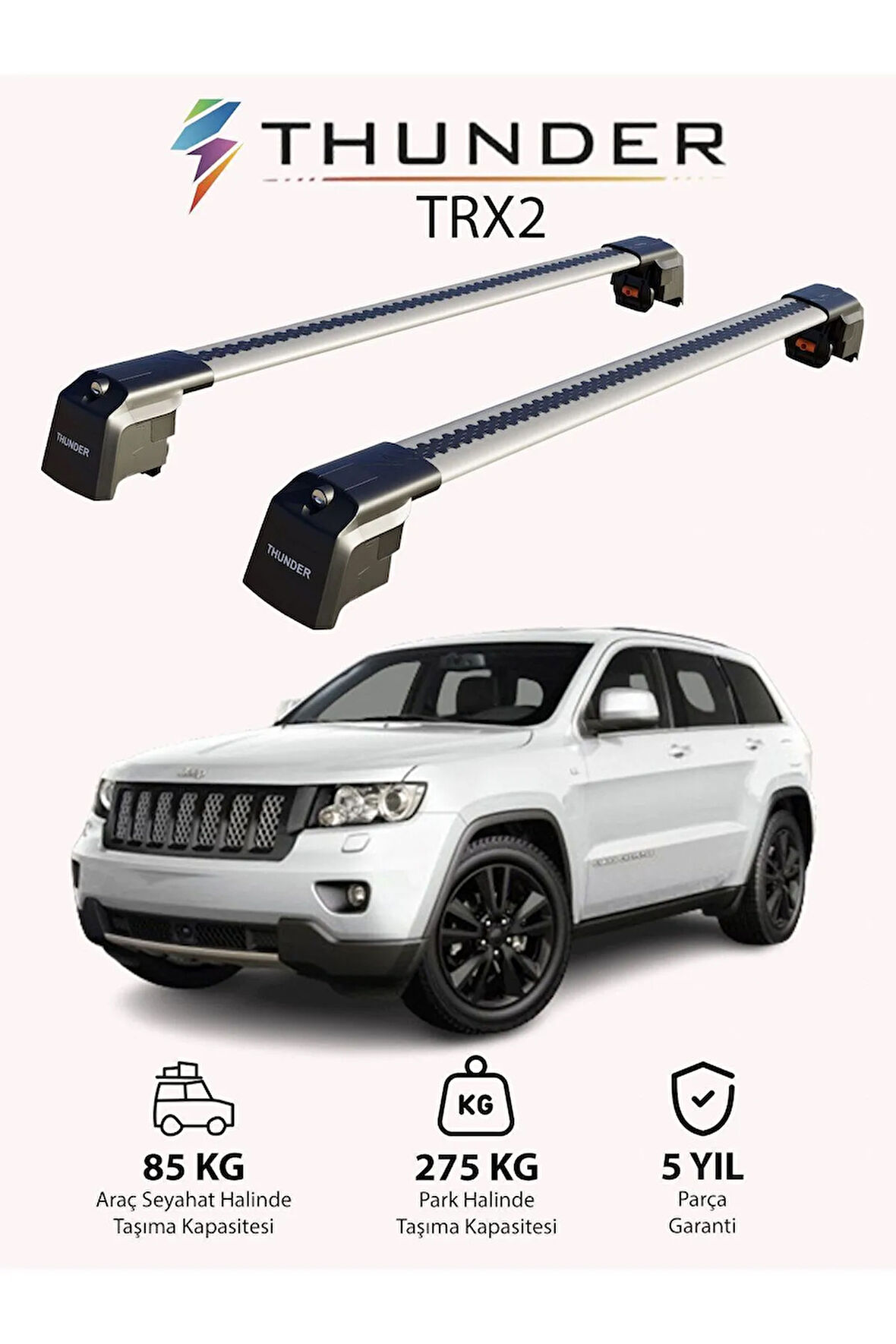 JEEP GRAND CHEROKEE 2011-Sonrası TRX2 Thunder Carrier Kilitli Ara Atkı Taşıyıcı Tavan Barı Gri