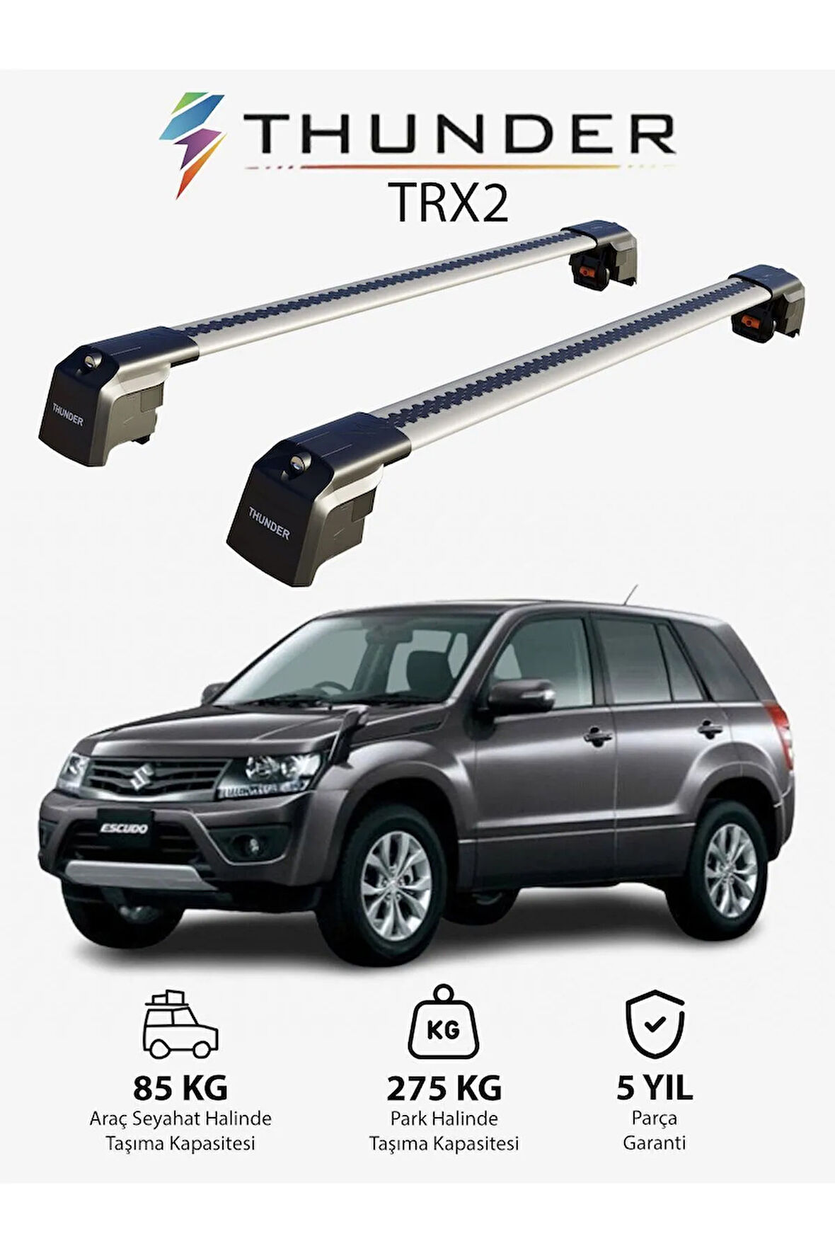 SUZUKI ESCUDO 2015-Sonrası TRX2 Thunder Carrier Kilitli Ara Atkı Taşıyıcı Tavan Barı Gri
