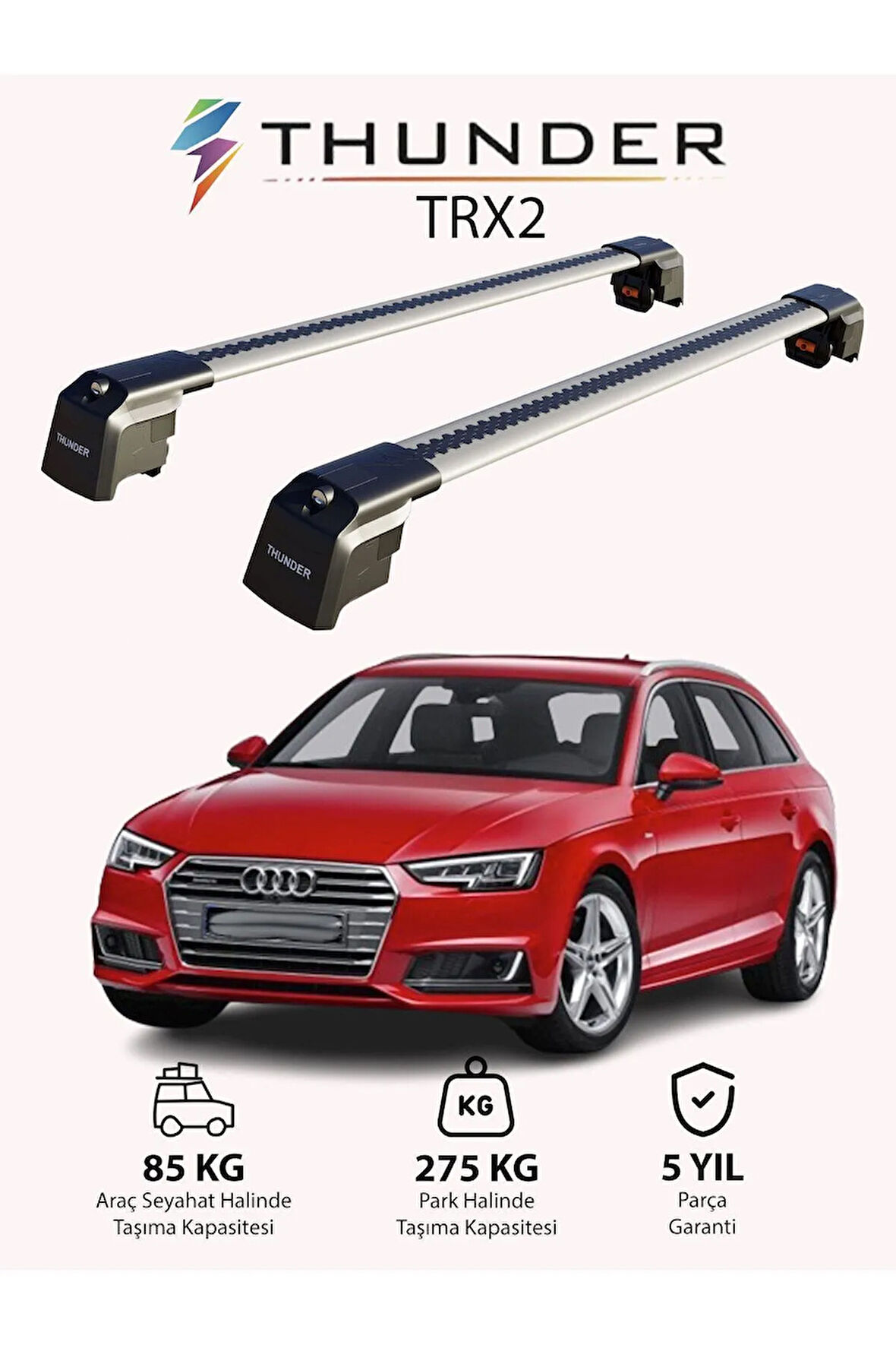 AUDI A4 AVANT 2016-Sonrası TRX2 Thunder Carrier Kilitli Ara Atkı Taşıyıcı Tavan Barı Gri