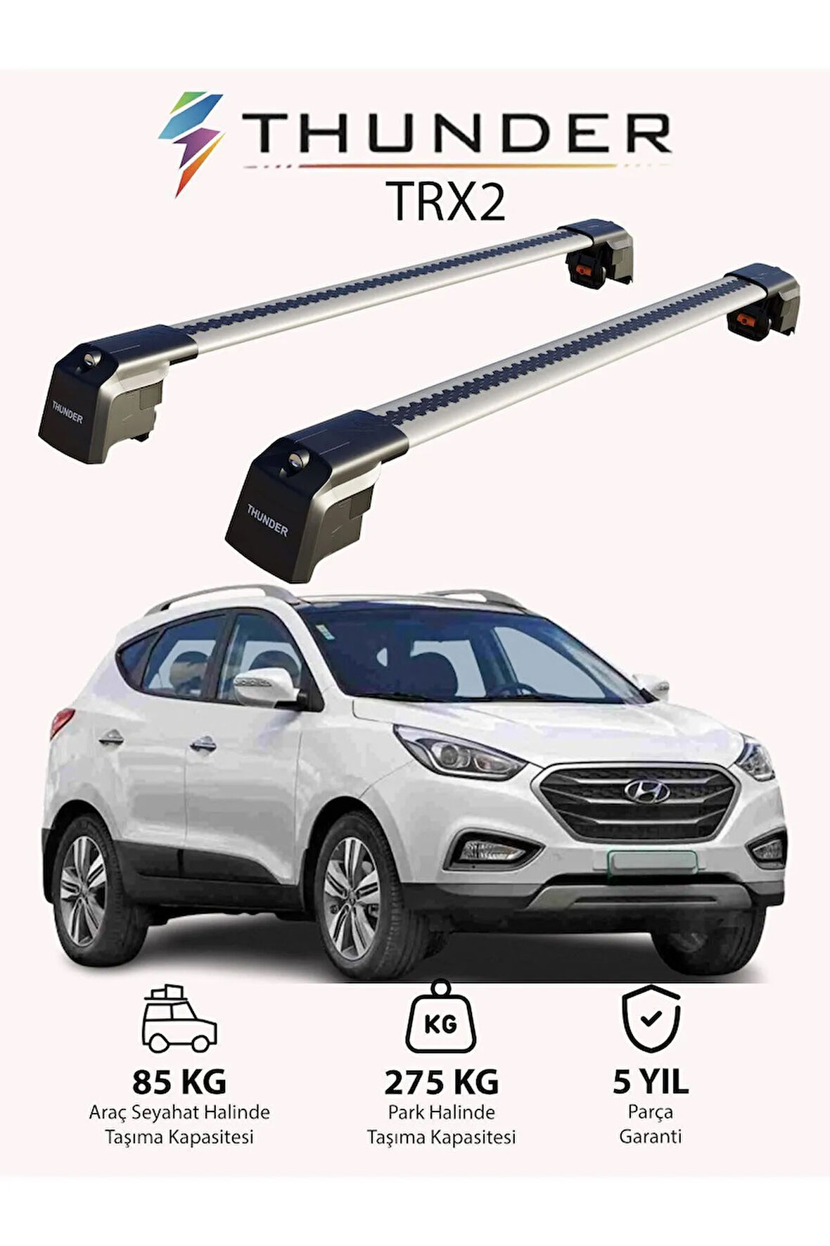 HYUNDAI IX-35 2010-2015 TRX2 Thunder Carrier Kilitli Ara Atkı Taşıyıcı Tavan Barı Gri