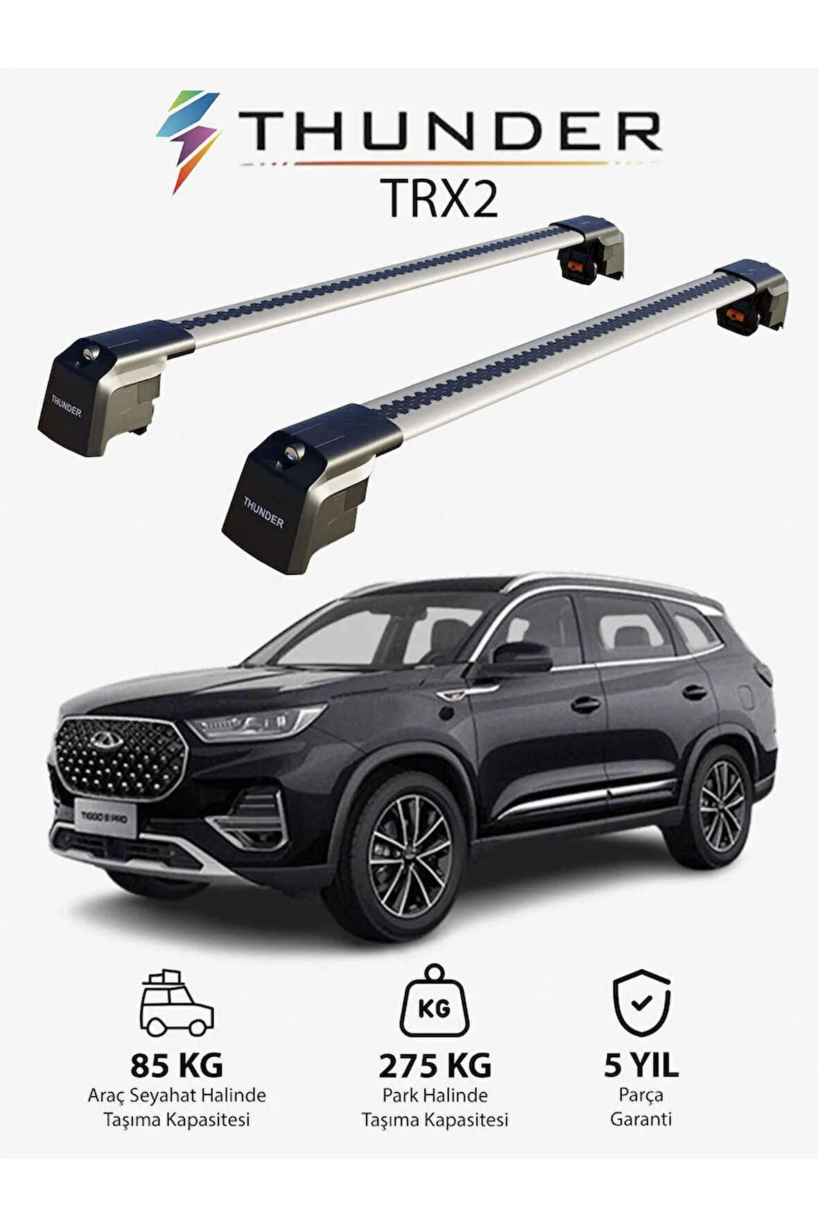 CHERY TIGGO 8 PRO 2022-Sonrası TRX2 Thunder Carrier Kilitli Ara Atkı Taşıyıcı Tavan Barı Gri