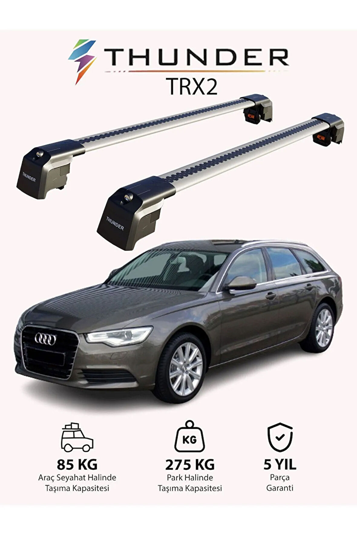 AUDI A6 AVANT 2011-2018 TRX2 Thunder Carrier Kilitli Ara Atkı Taşıyıcı Tavan Barı Gri