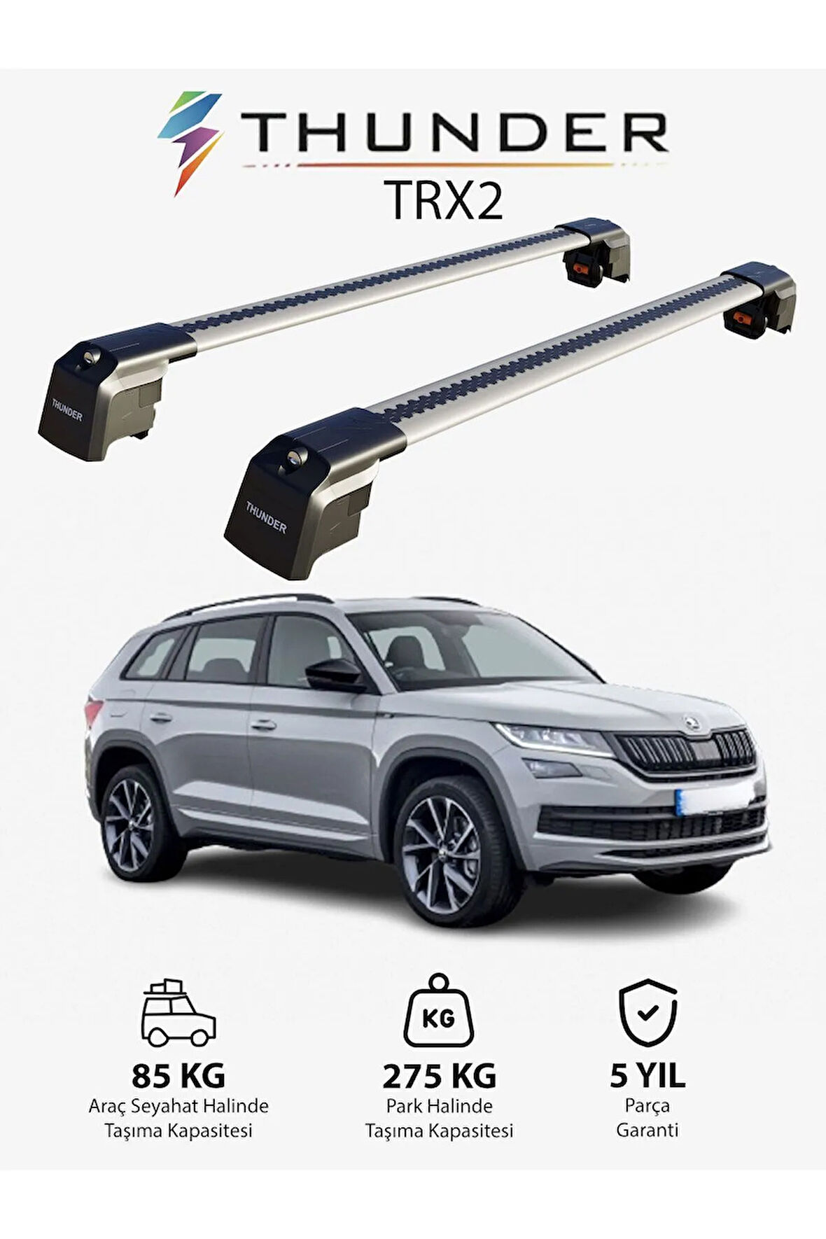SKODA KODIAQ 2017-Sonrası TRX2 Thunder Carrier Kilitli Ara Atkı Taşıyıcı Tavan Barı Gri