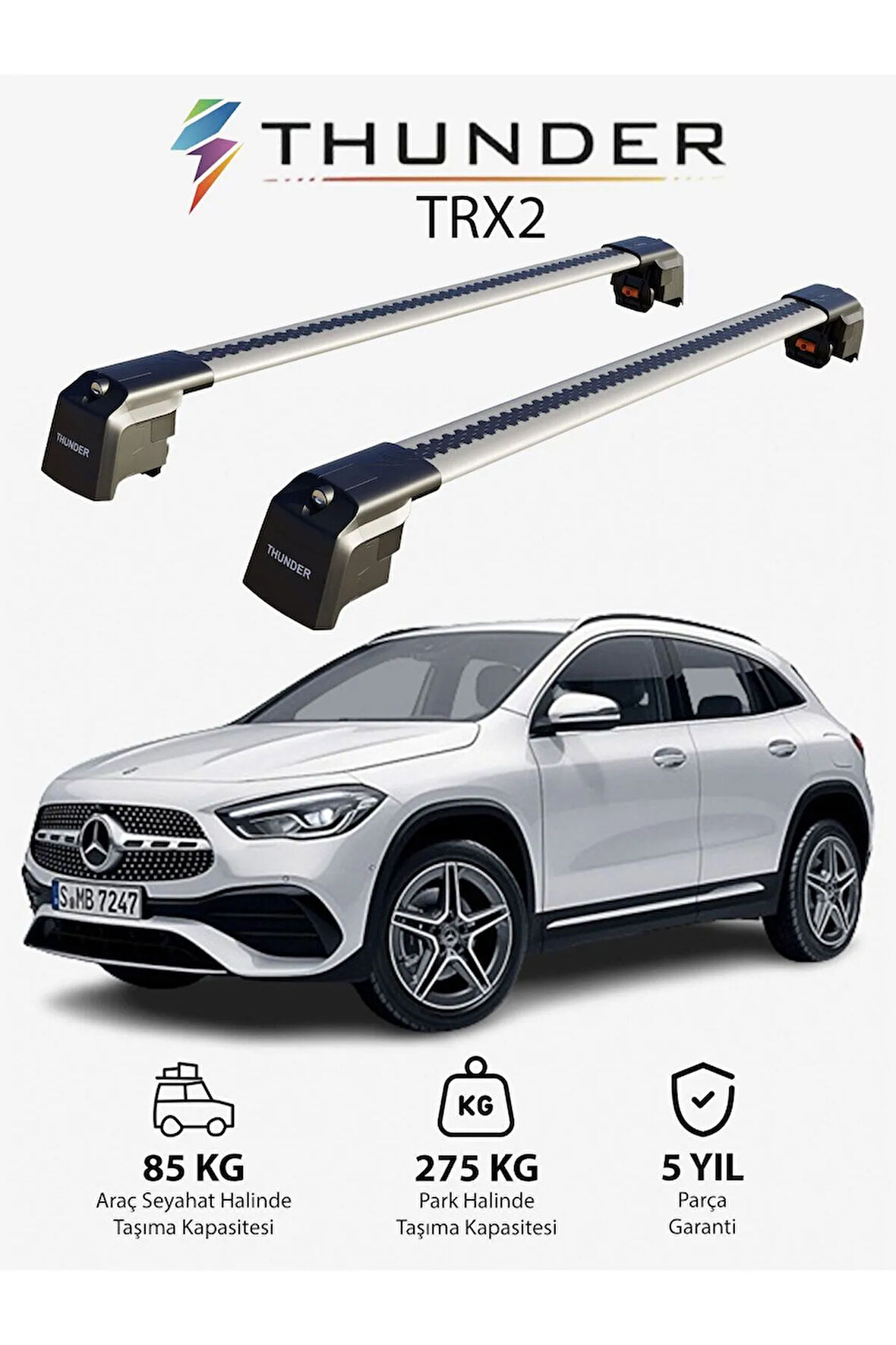 MERCEDES-BENZ GLA-CLASS 2020-Sonrası TRX2 Thunder Carrier Kilitli Ara Atkı Taşıyıcı Tavan Barı Gri