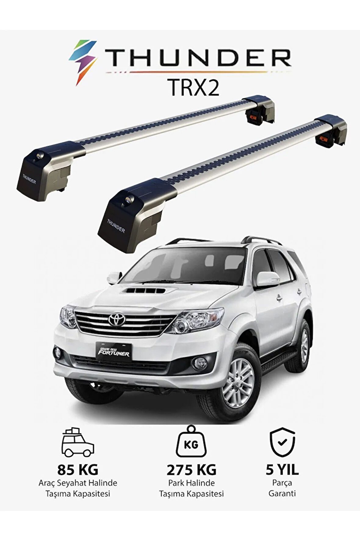 TOYOTA FORTUNER 2015-Sonrası TRX2 Thunder Carrier Kilitli Ara Atkı Taşıyıcı Tavan Barı Gri