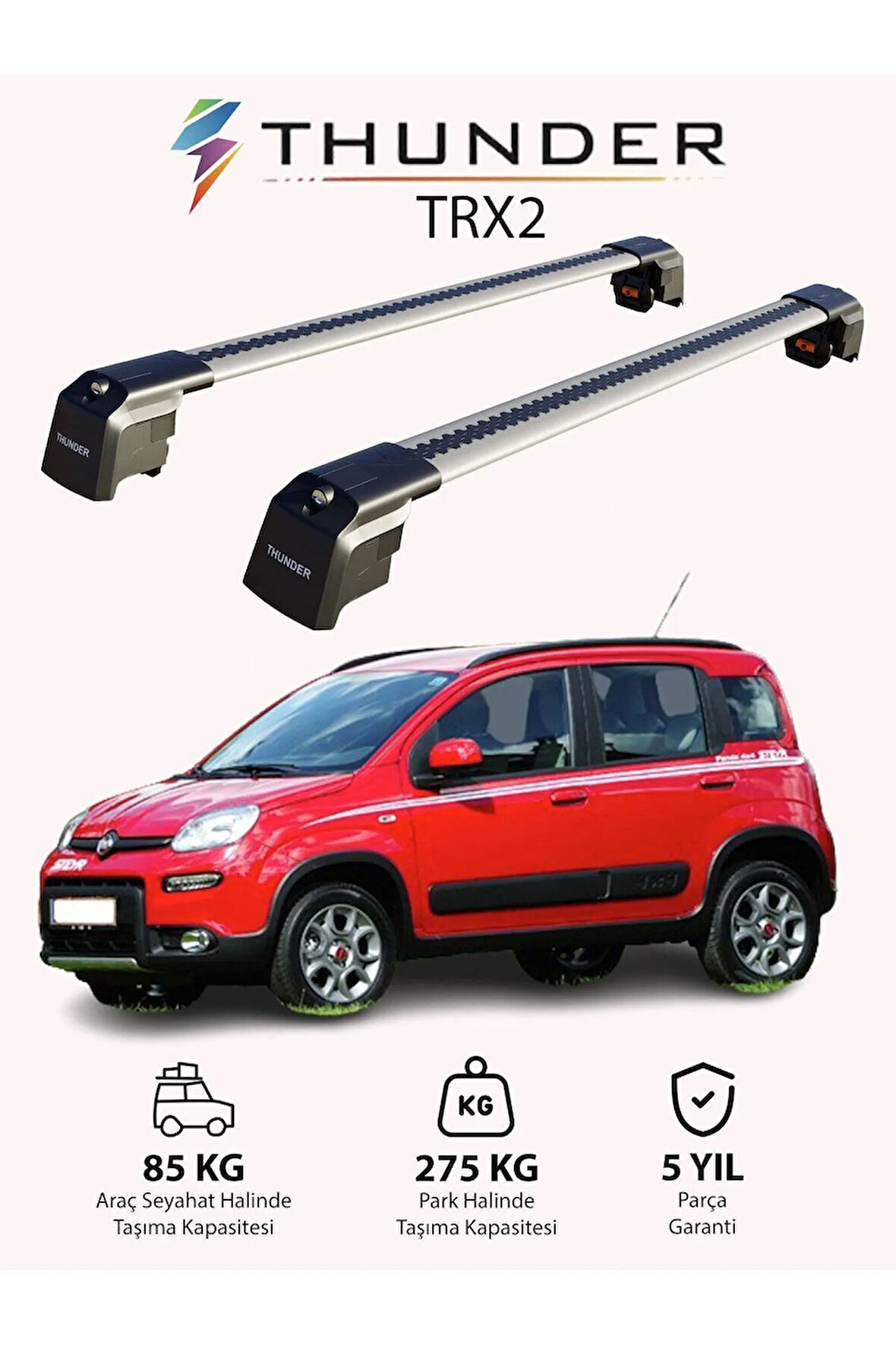 FIAT PANDA 2012-Sonrası TRX2 Thunder Carrier Kilitli Ara Atkı Taşıyıcı Tavan Barı Gri