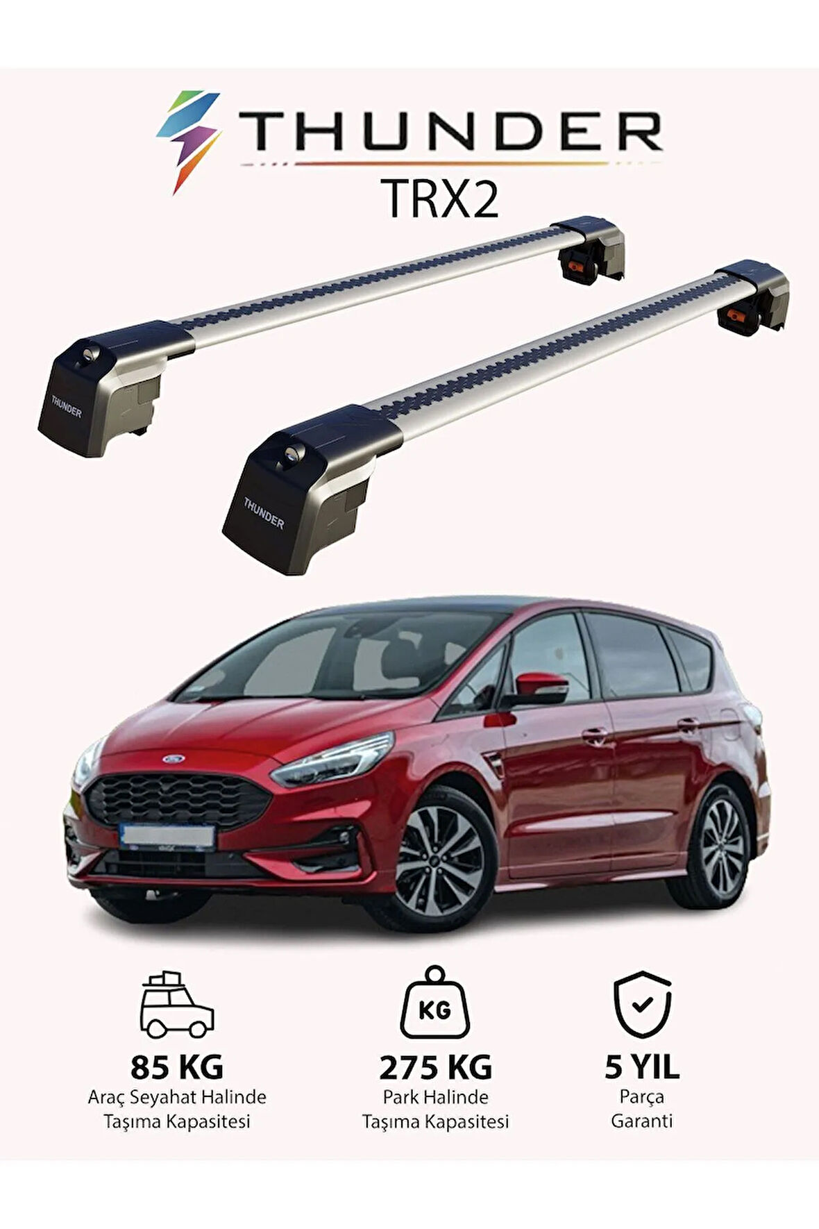 FORD S-MAX 2015-Sonrası TRX2 Thunder Carrier Kilitli Ara Atkı Taşıyıcı Tavan Barı Gri