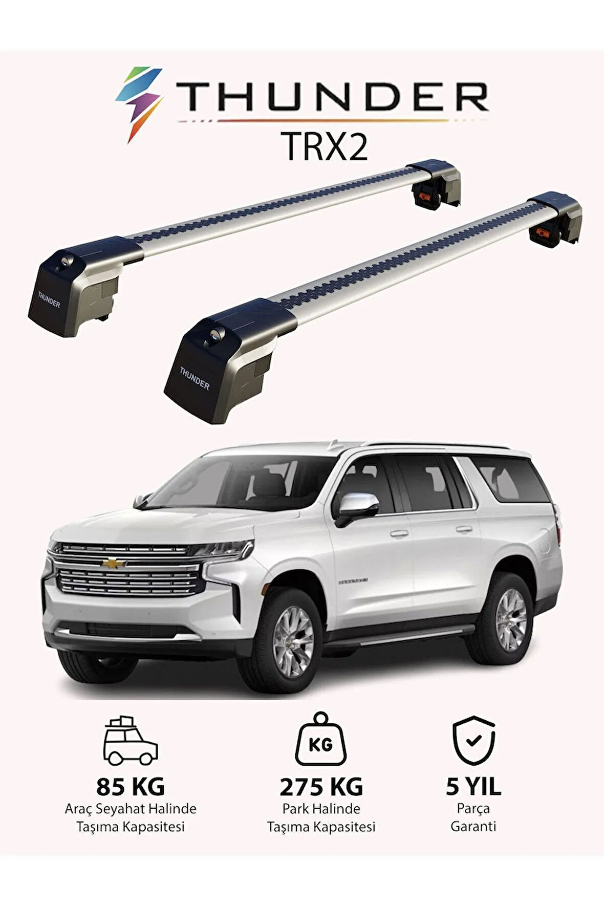 CHEVROLET SUBURBAN 2015-2020 TRX2 Thunder Carrier Kilitli Ara Atkı Taşıyıcı Tavan Barı Gri