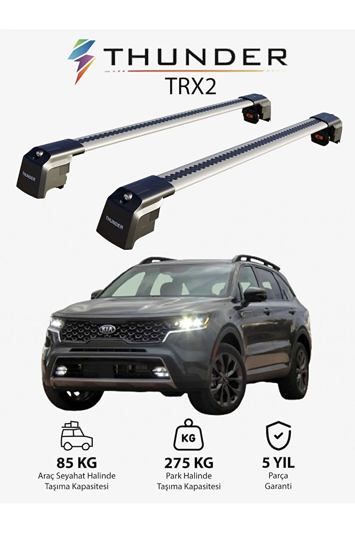KIA SORENTO 2021-Sonrası TRX2 Thunder Carrier Kilitli Ara Atkı Taşıyıcı Tavan Barı Gri