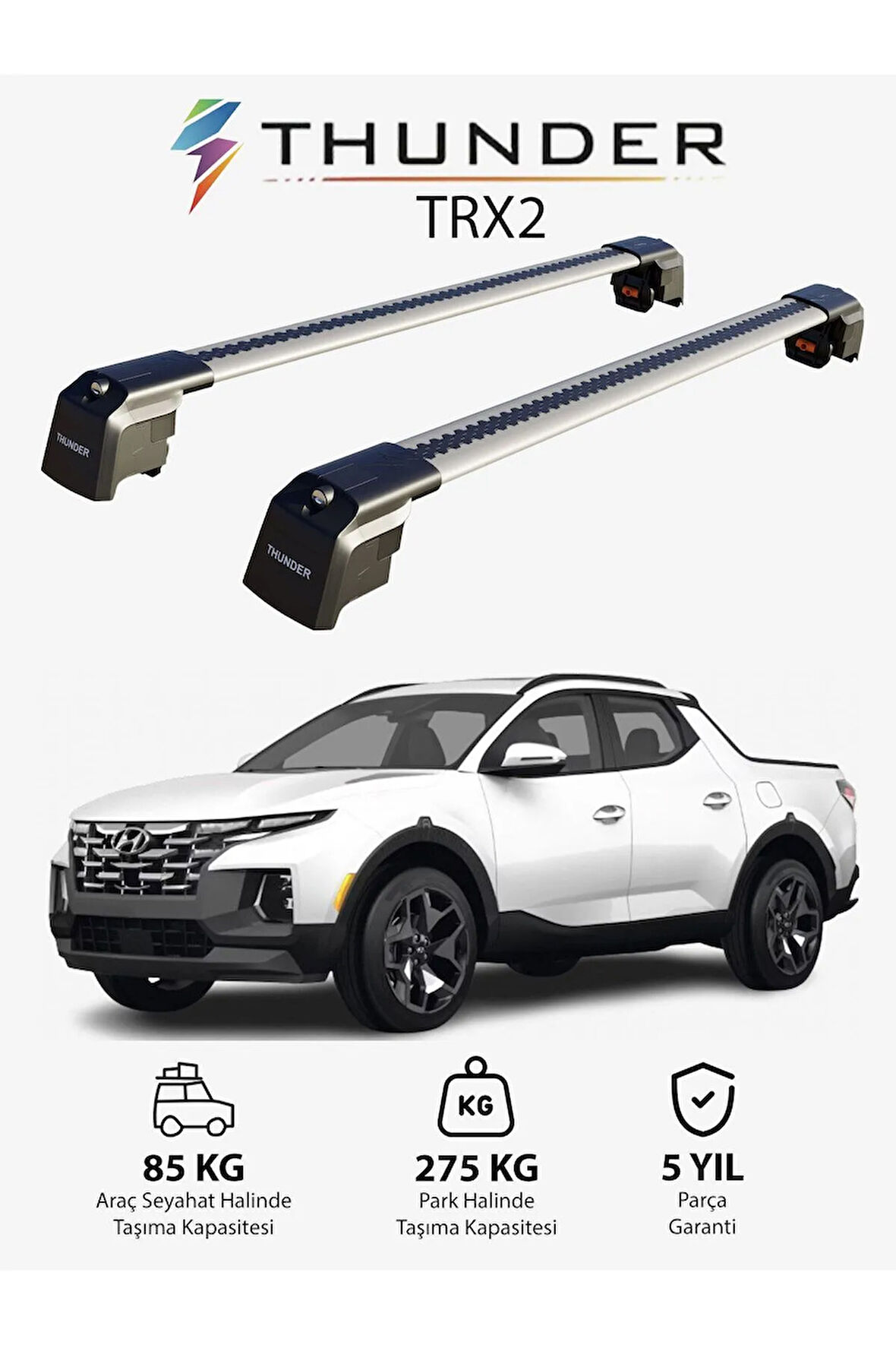 HYUNDAI SANTA CRUZ 2022-Sonrası TRX2 Thunder Carrier Kilitli Ara Atkı Taşıyıcı Tavan Barı Gri