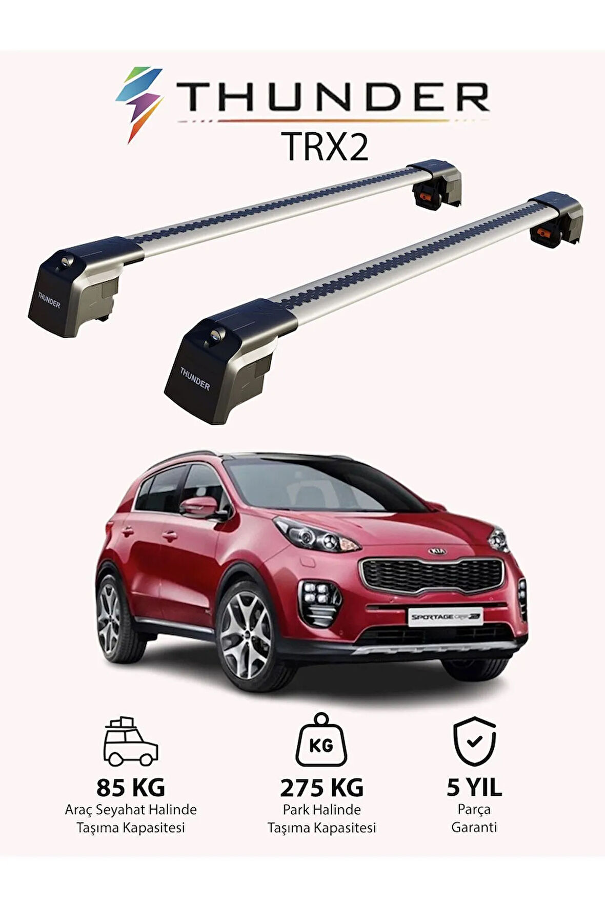KIA SPORTAGE 2016-2021 TRX2 Thunder Carrier Kilitli Ara Atkı Taşıyıcı Tavan Barı Gri