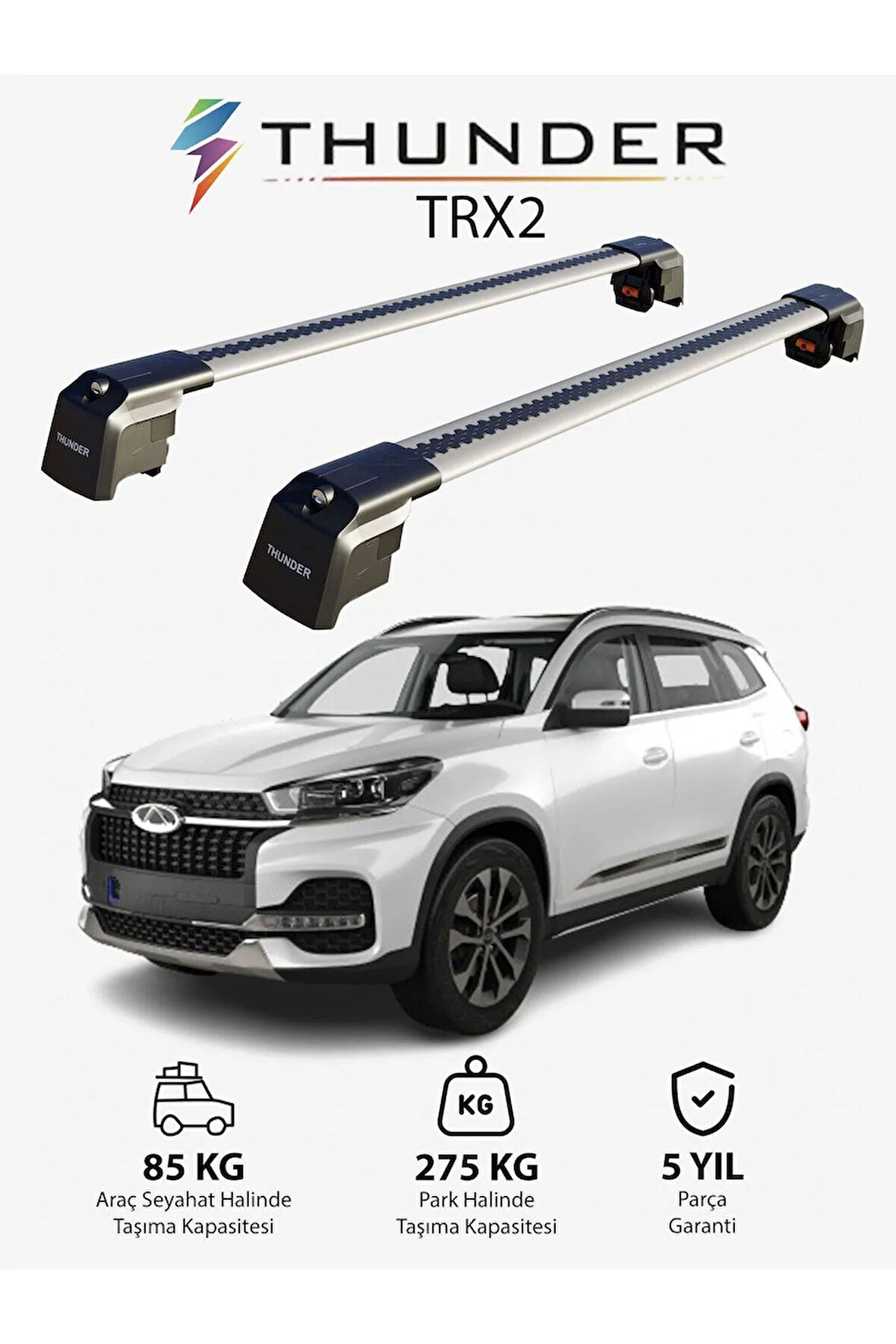 CHERY TIGGO 8 2018-Sonrası TRX2 Thunder Carrier Kilitli Ara Atkı Taşıyıcı Tavan Barı Gri