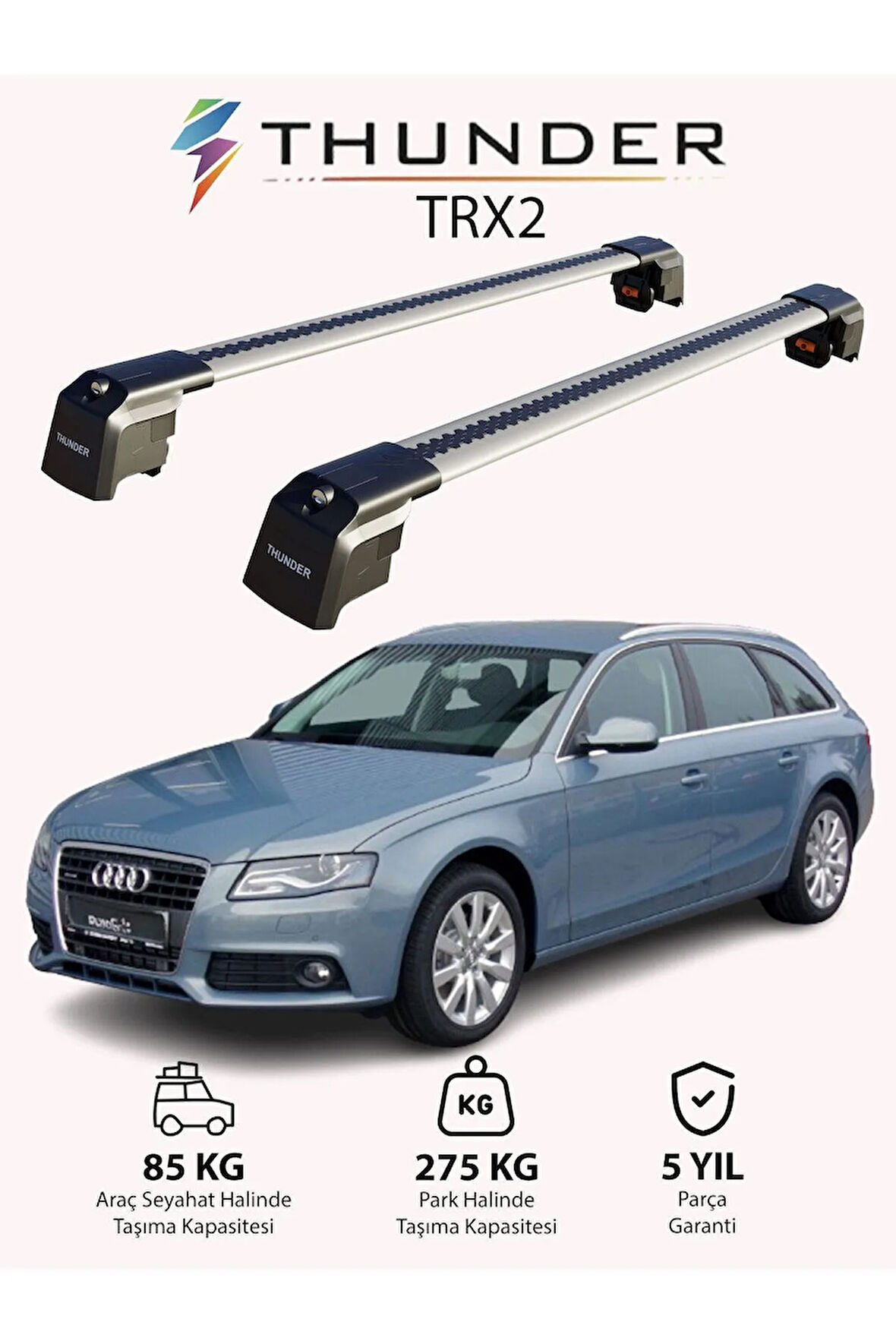 AUDI A4 AVANT 2008-2015 TRX2 Thunder Carrier Kilitli Ara Atkı Taşıyıcı Tavan Barı Gri