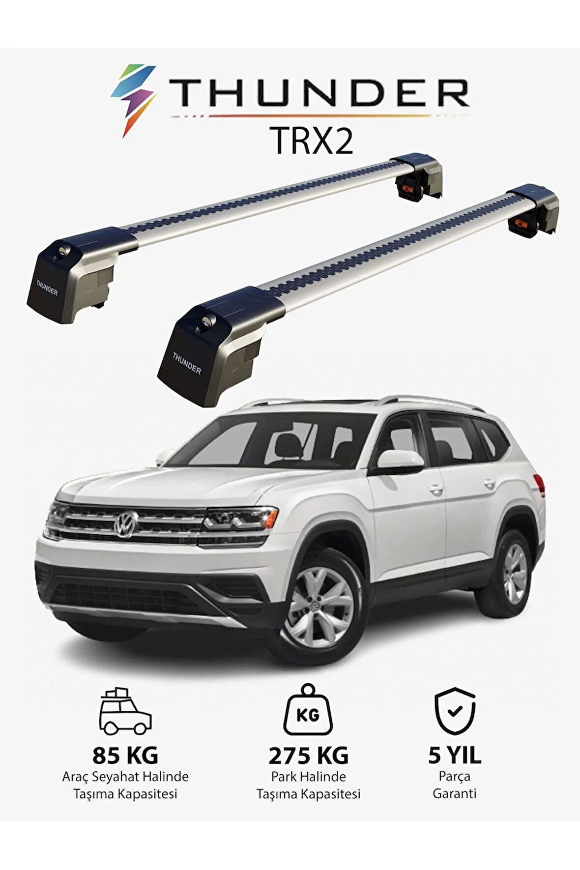 VOLKSWAGEN ATLAS 2018-Sonrası TRX2 Thunder Carrier Kilitli Ara Atkı Taşıyıcı Tavan Barı Gri