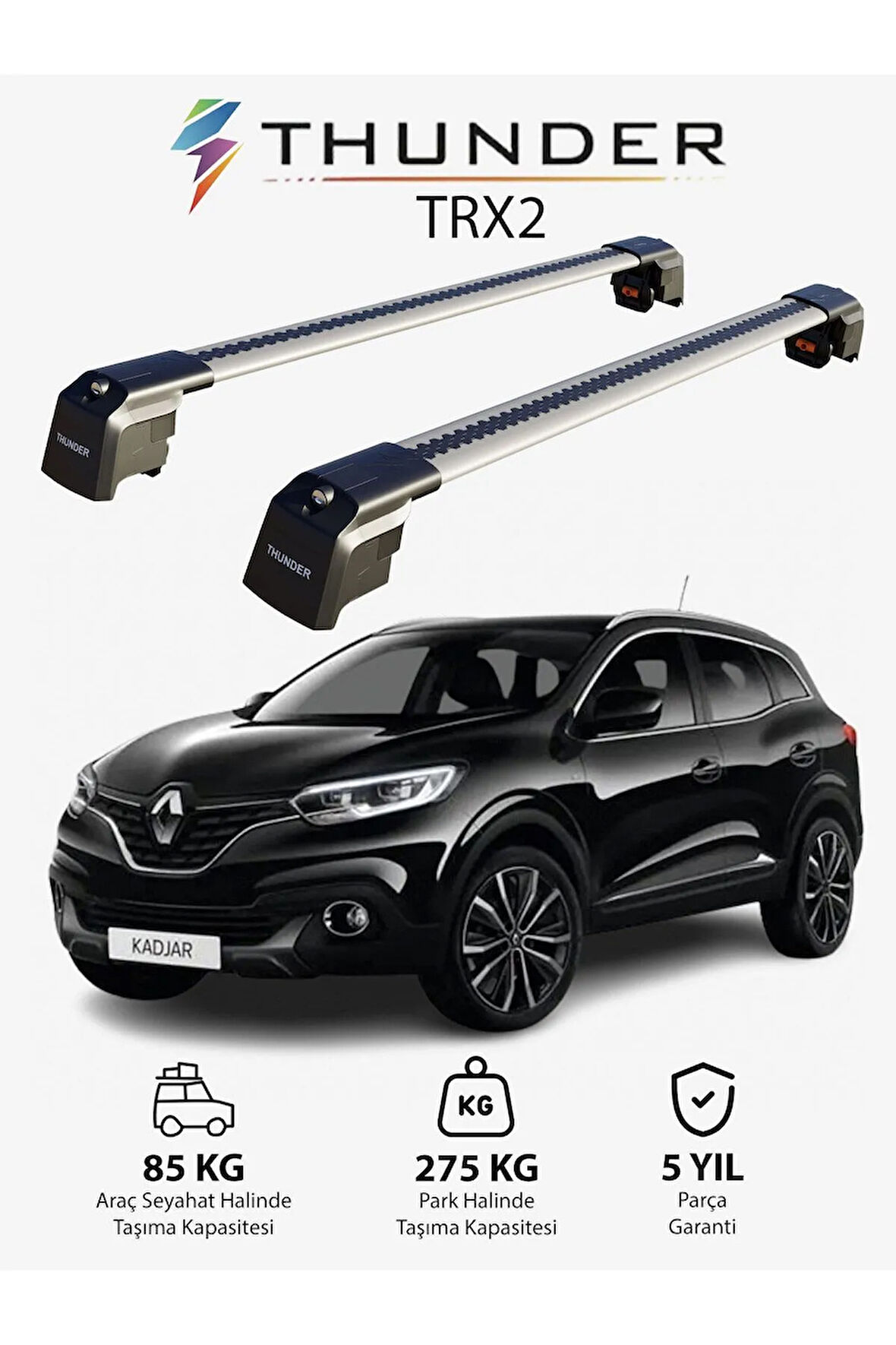RENAULT KADJAR 2015-2022 TRX2 Thunder Carrier Kilitli Ara Atkı Taşıyıcı Tavan Barı Gri