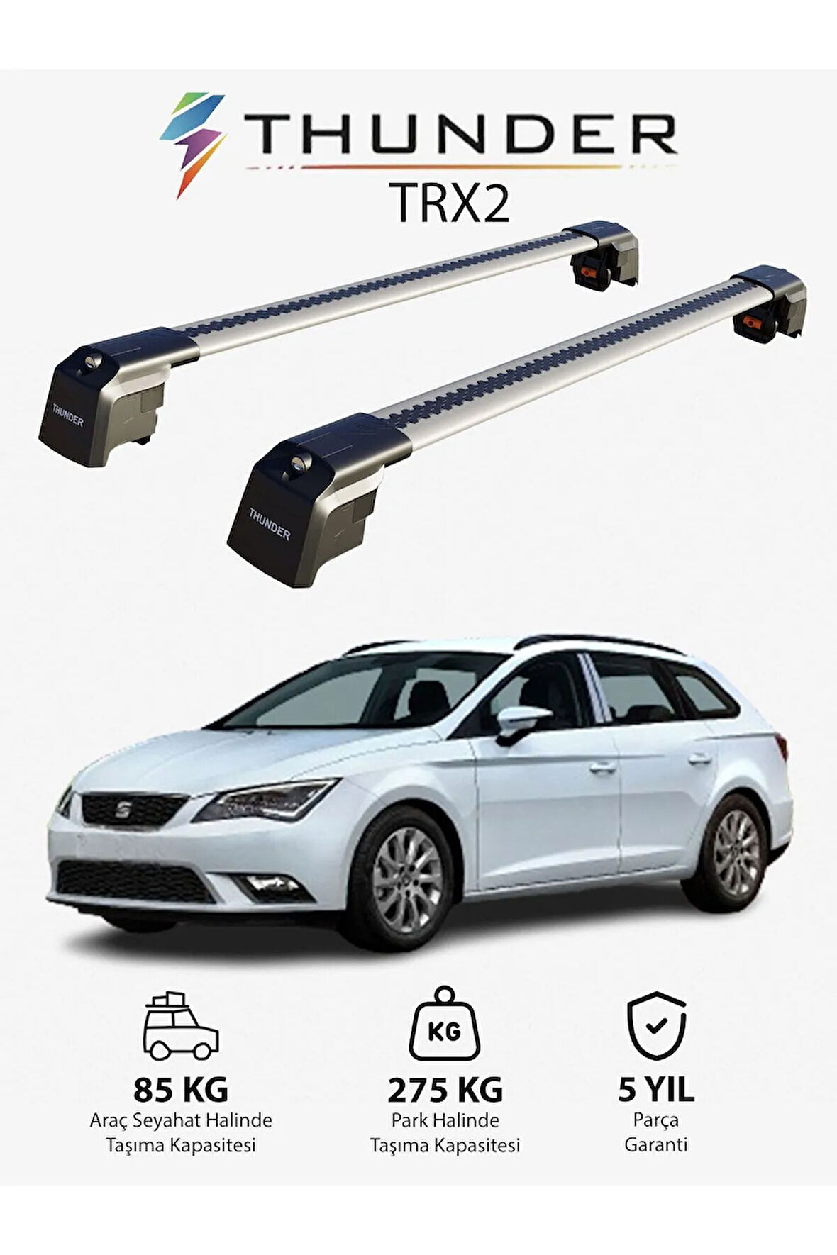 SEAT LEON ST 2013-2020 TRX2 Thunder Carrier Kilitli Ara Atkı Taşıyıcı Tavan Barı Gri