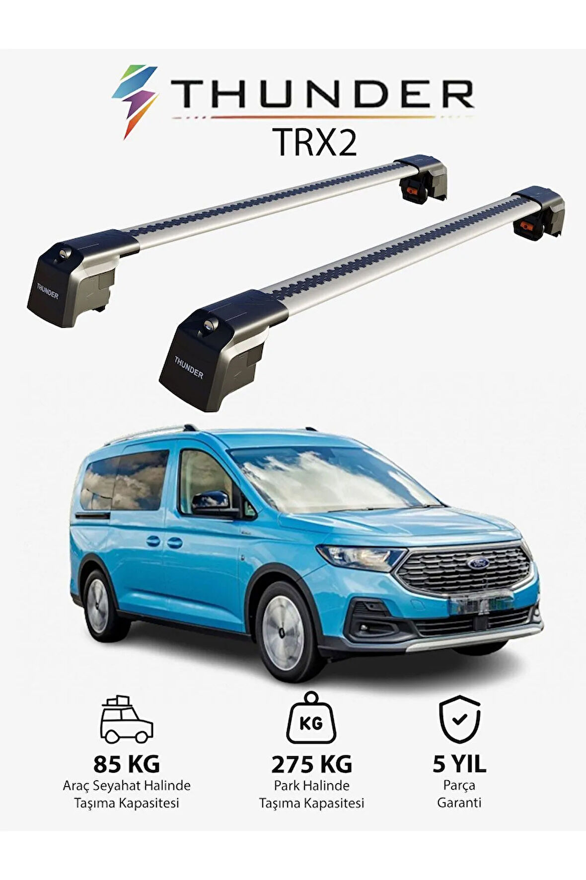 FORD CONNECT 2022-Sonrası TRX2 Thunder Carrier Kilitli Ara Atkı Taşıyıcı Tavan Barı Gri