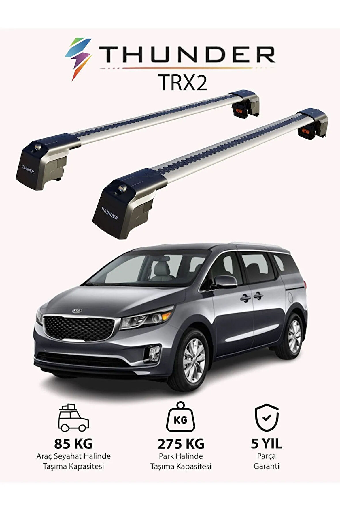 KIA SEDONA 2015-2021 TRX2 Thunder Carrier Kilitli Ara Atkı Taşıyıcı Tavan Barı Gri