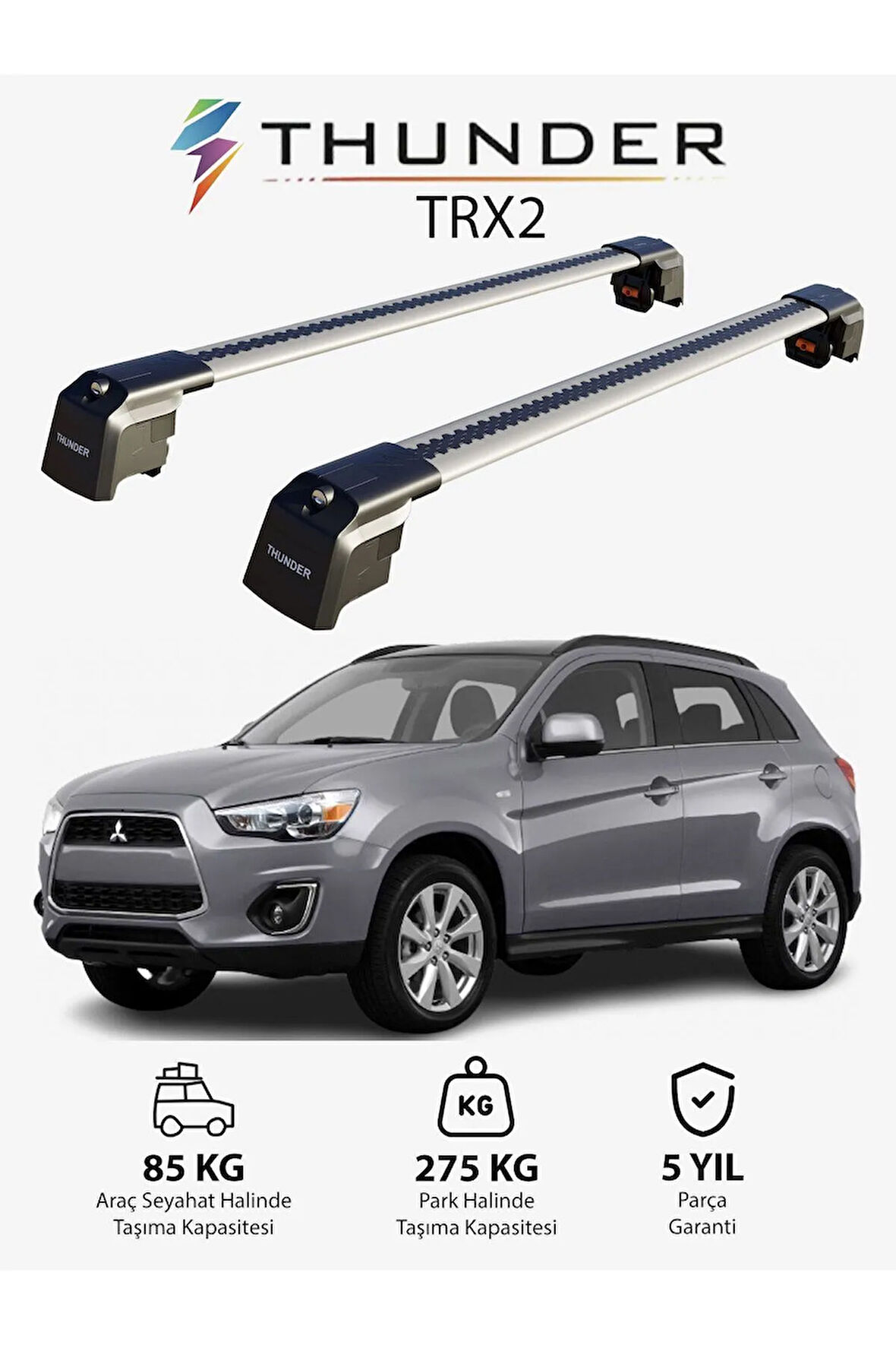 MITSUBISHI OUTLANDER 2013-2021 TRX2 Thunder Carrier Kilitli Ara Atkı Taşıyıcı Tavan Barı Gri