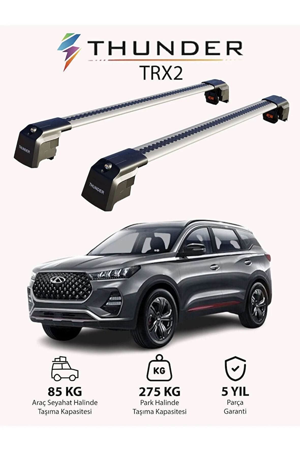 CHERY TIGGO 7 PRO 2020-Sonrası TRX2 Thunder Carrier Kilitli Ara Atkı Taşıyıcı Tavan Barı Siyah