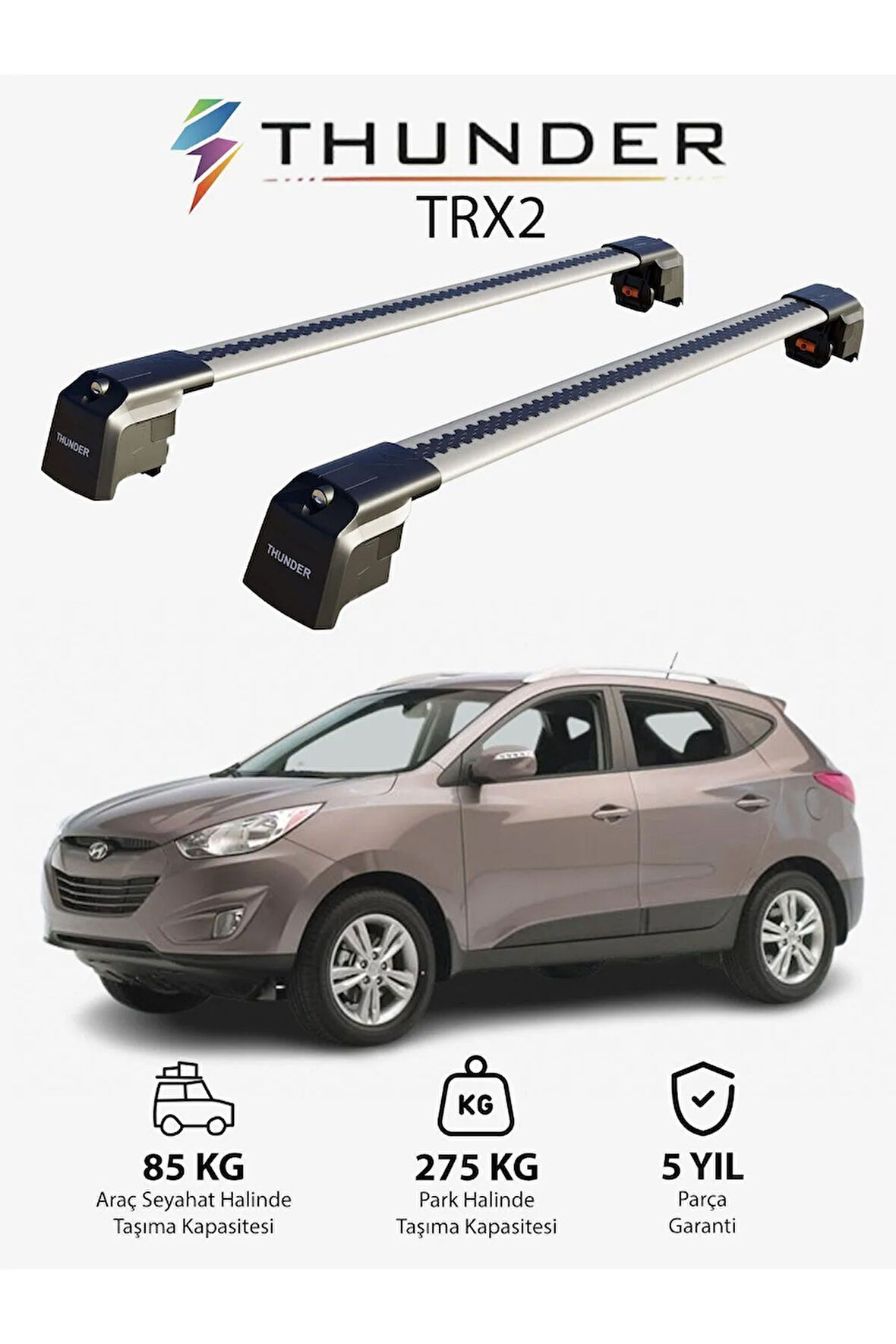 HYUNDAI TUCSON 2013-2021 TRX2 Thunder Carrier Kilitli Ara Atkı Taşıyıcı Tavan Barı Siyah