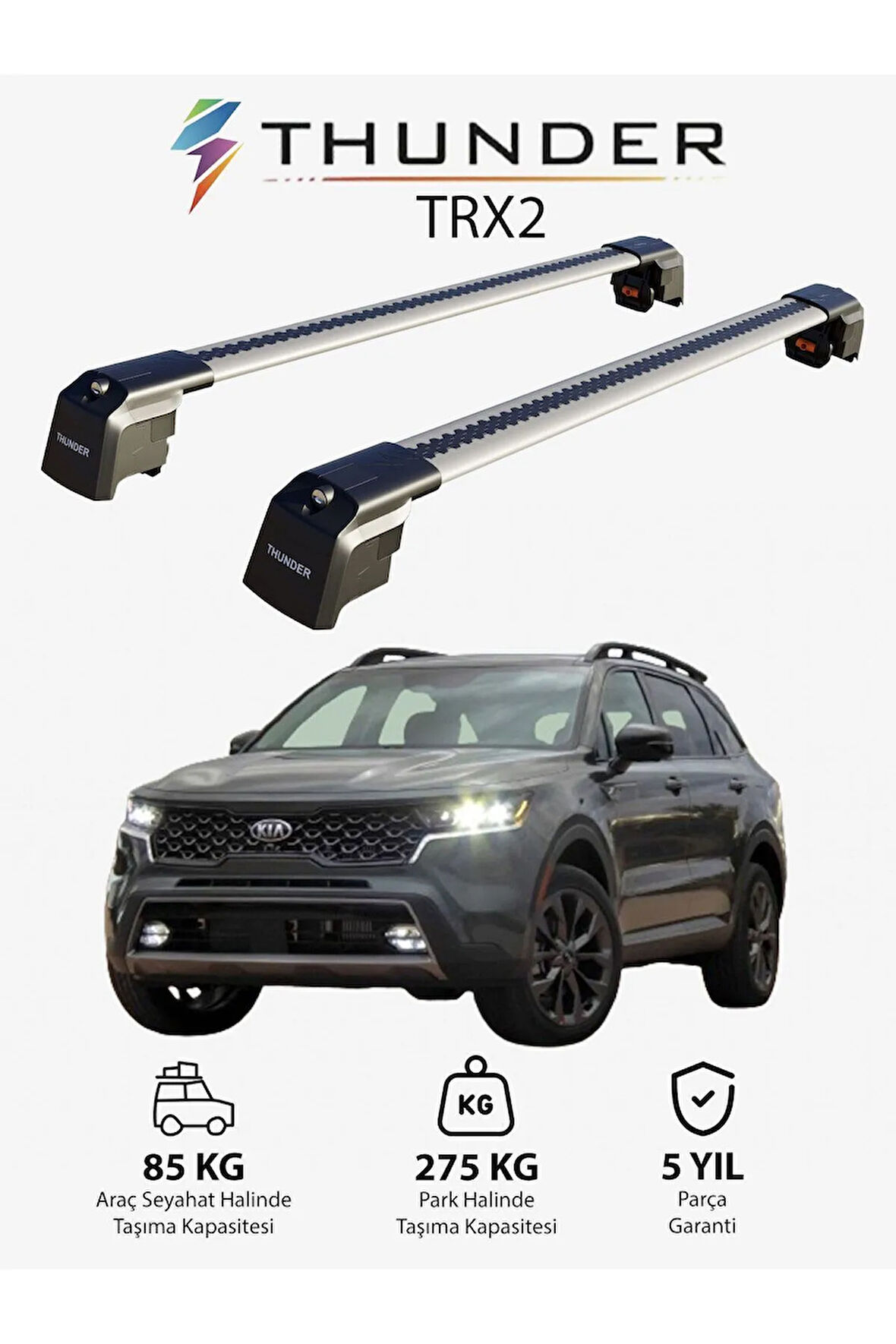 KIA SORENTO 2021-Sonrası TRX2 Thunder Carrier Kilitli Ara Atkı Taşıyıcı Tavan Barı Siyah