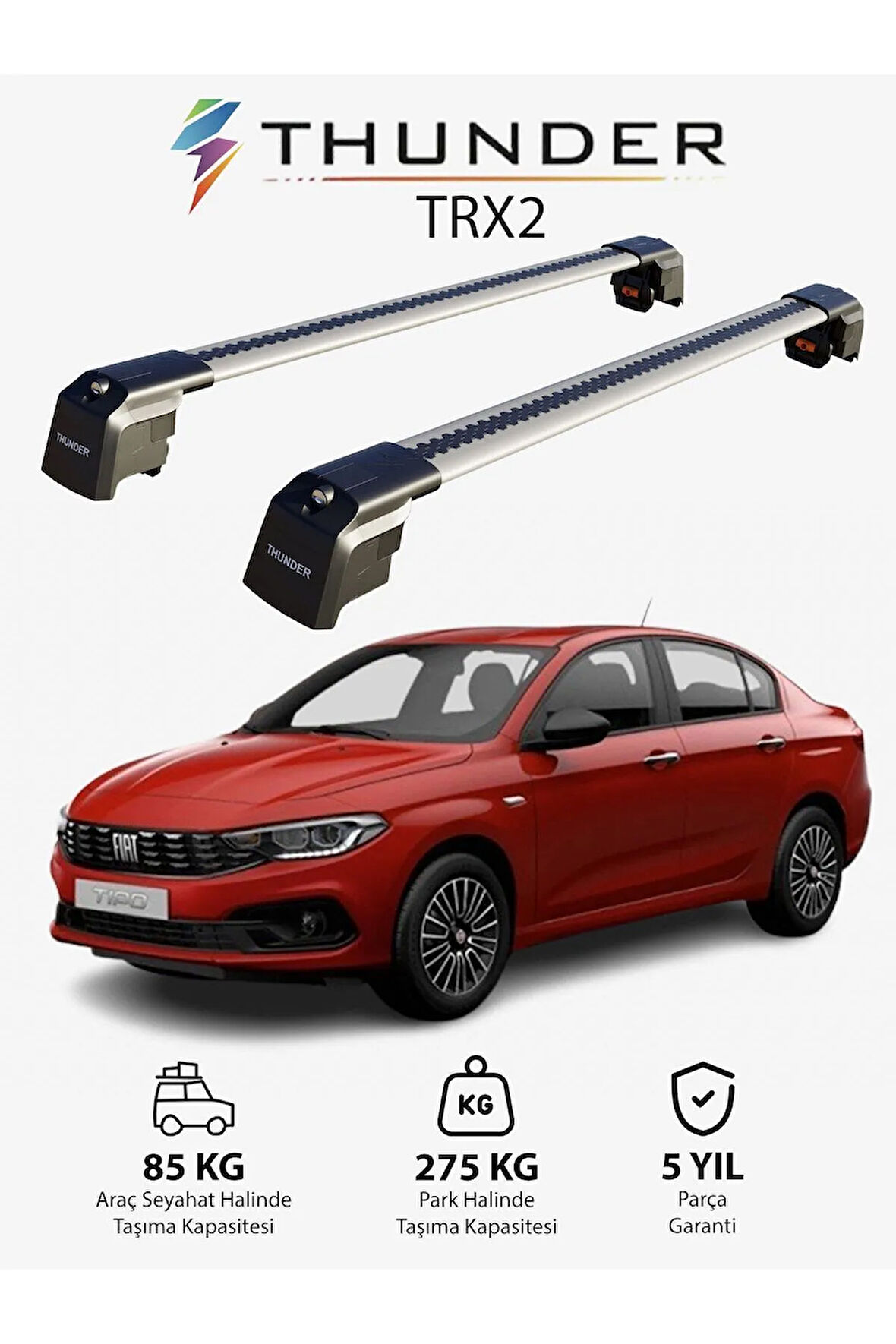 FIAT TIPO 2015-Sonrası TRX2 Thunder Carrier Kilitli Ara Atkı Taşıyıcı Tavan Barı Siyah