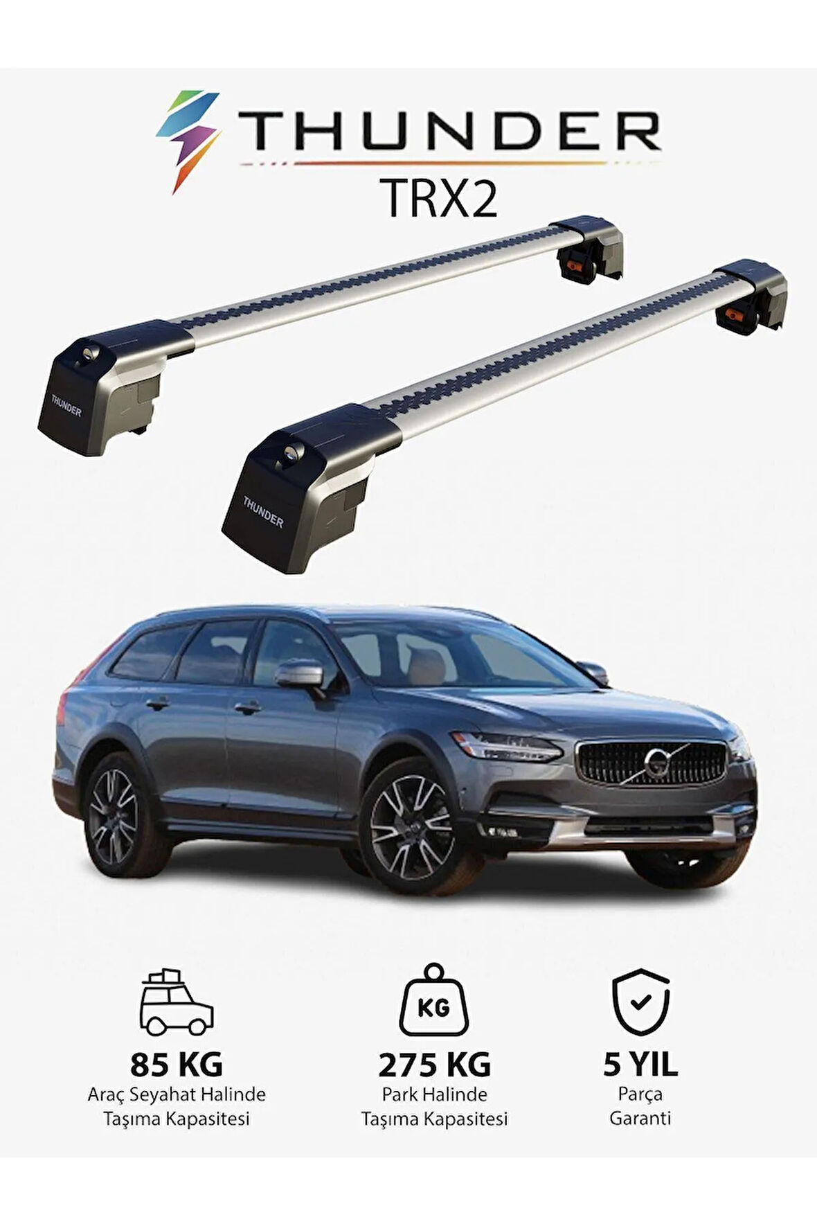 VOLVO V90 2017-Sonrası TRX2 Thunder Carrier Kilitli Ara Atkı Taşıyıcı Tavan Barı Siyah