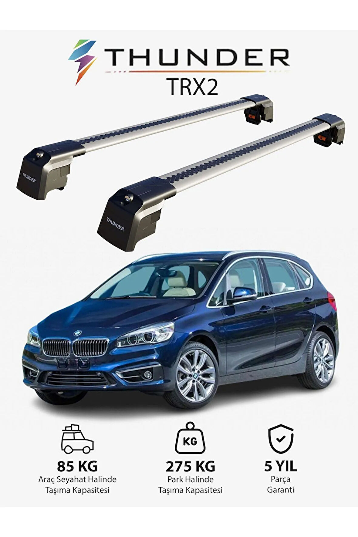 BMW 2 ACTIVE TOURER 2014-Sonrası TRX2 Thunder Carrier Kilitli Ara Atkı Taşıyıcı Tavan Barı Siyah