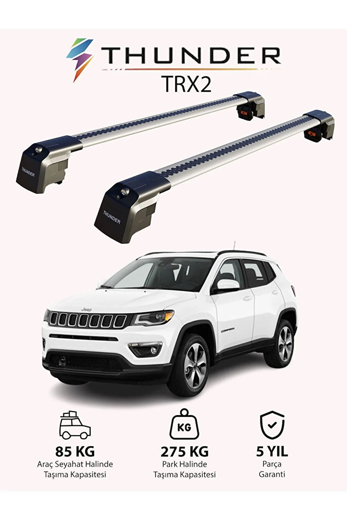 JEEP COMPASS 2017-Sonrası TRX2 Thunder Carrier Kilitli Ara Atkı Taşıyıcı Tavan Barı Siyah