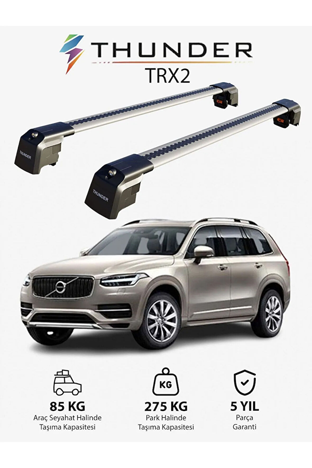 VOLVO XC90 2015-Sonrası TRX2 Thunder Carrier Kilitli Ara Atkı Taşıyıcı Tavan Barı Siyah