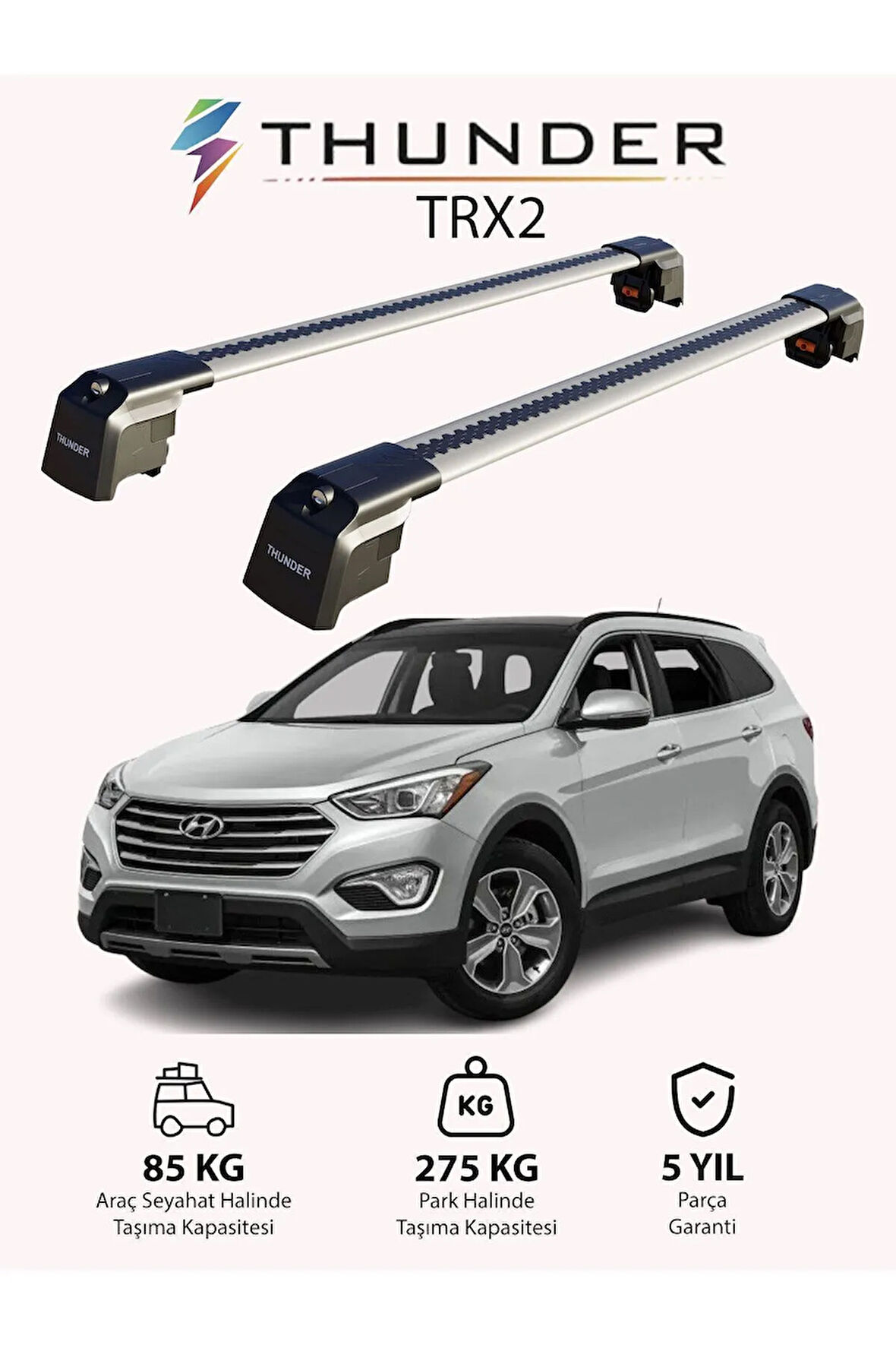 HYUNDAI SANTA FE 2013-2018 TRX2 Thunder Carrier Kilitli Ara Atkı Taşıyıcı Tavan Barı Siyah