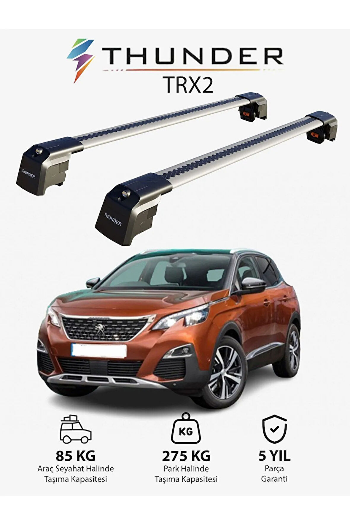 PEUGEOT 3008 2017-Sonrası TRX2 Thunder Carrier Kilitli Ara Atkı Taşıyıcı Tavan Barı Siyah