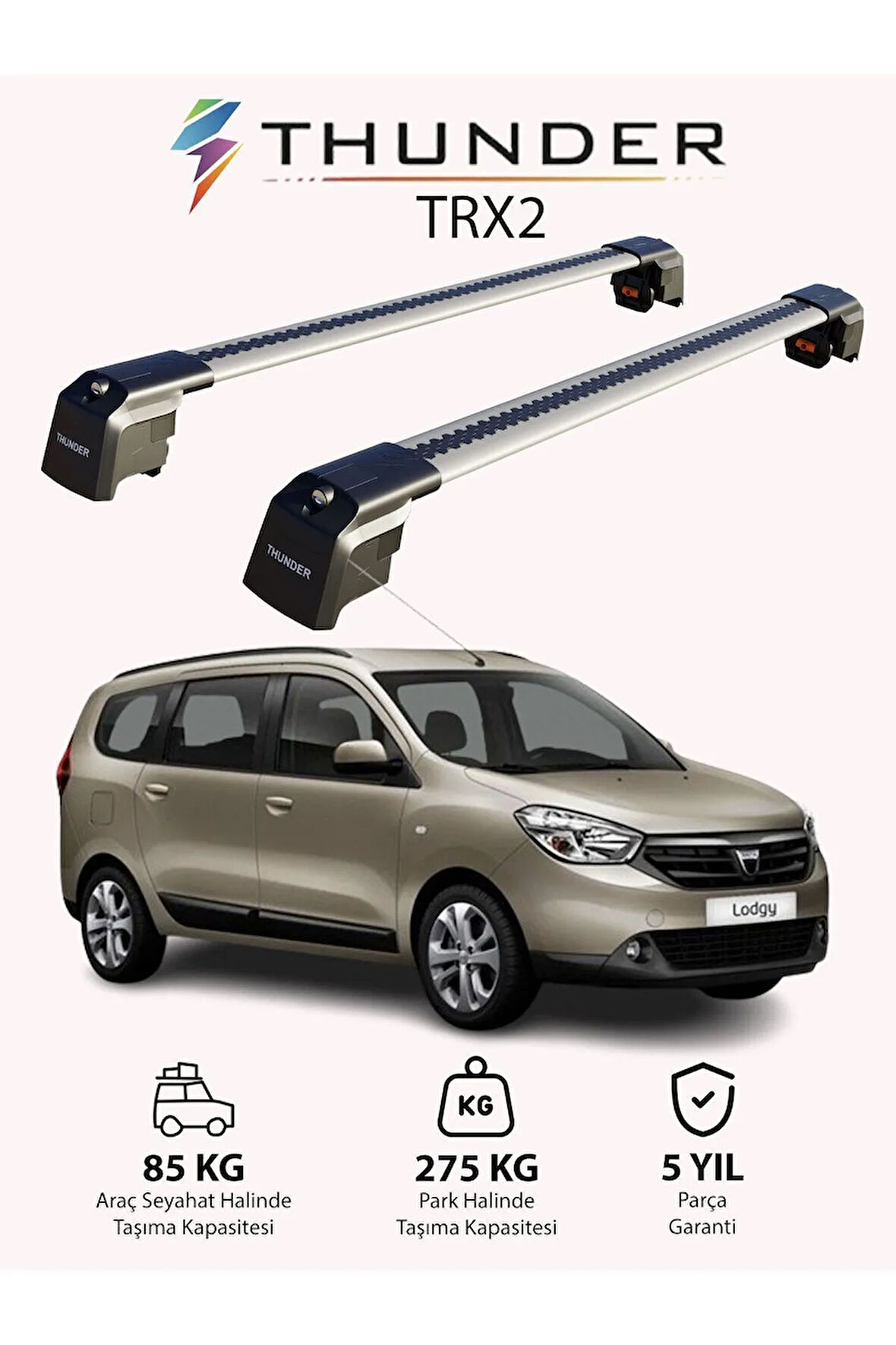 DACIA LODGY 2012-Sonrası TRX2 Thunder Carrier Kilitli Ara Atkı Taşıyıcı Tavan Barı Siyah