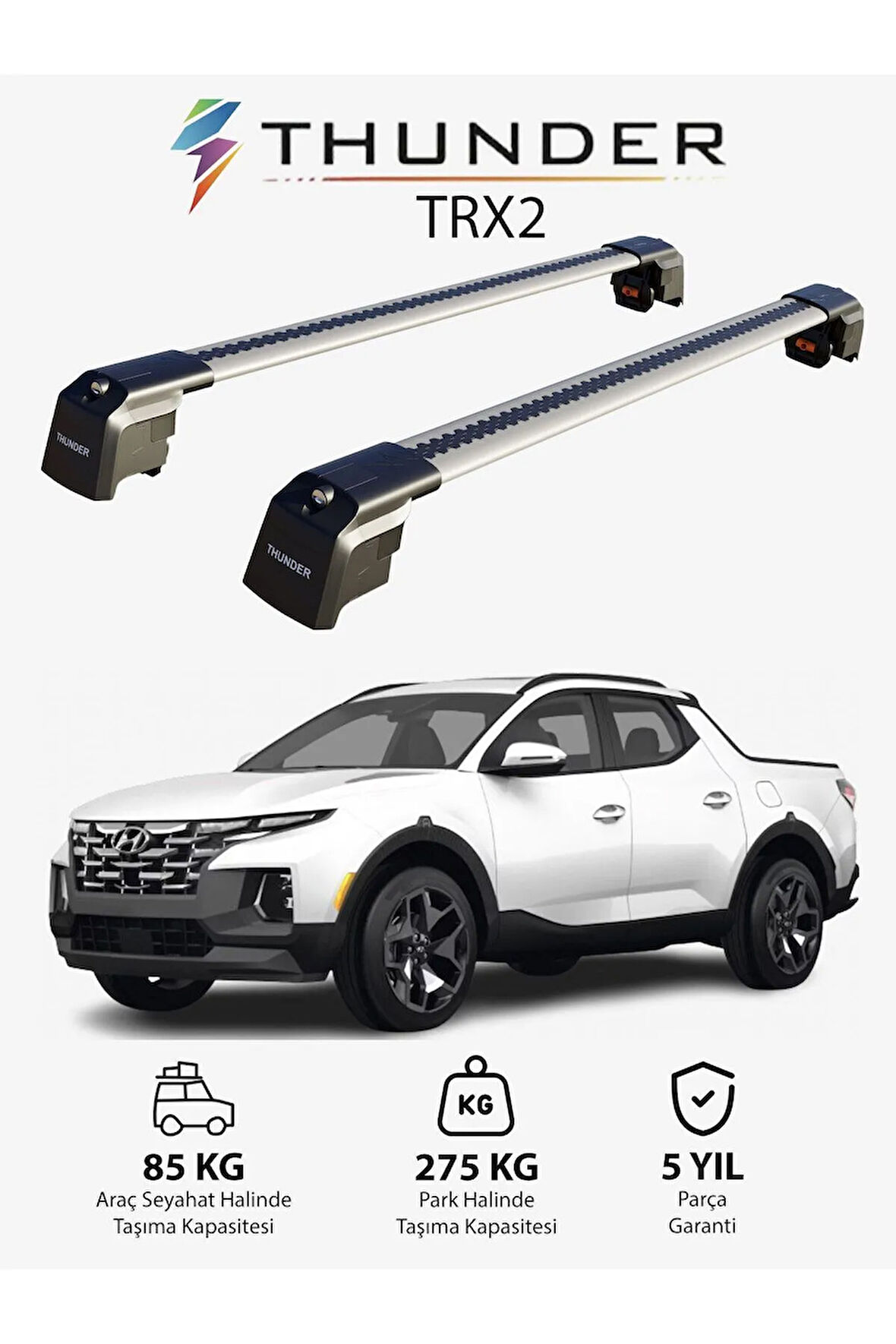 HYUNDAI SANTA CRUZ 2022-Sonrası TRX2 Thunder Carrier Kilitli Ara Atkı Taşıyıcı Tavan Barı Siyah