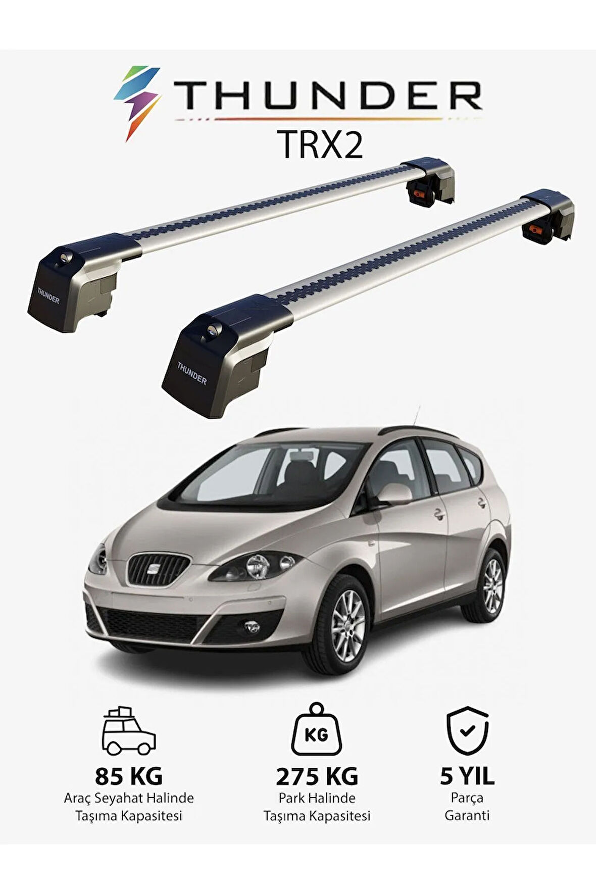 SEAT ALTEA XL 2006-2015 TRX2 Thunder Carrier Kilitli Ara Atkı Taşıyıcı Tavan Barı Siyah