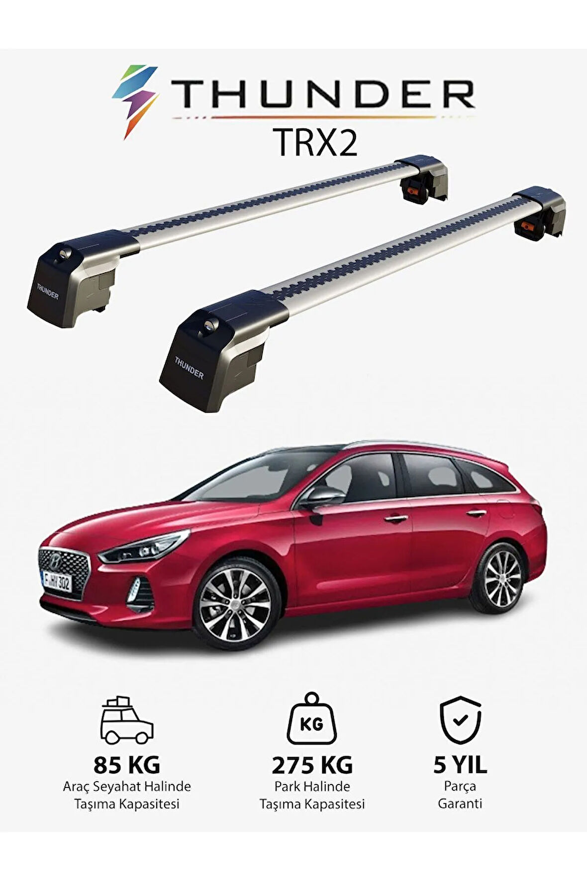 HYUNDAI i30 TOURER 2012-2016 TRX2 Thunder Carrier Kilitli Ara Atkı Taşıyıcı Tavan Barı Siyah
