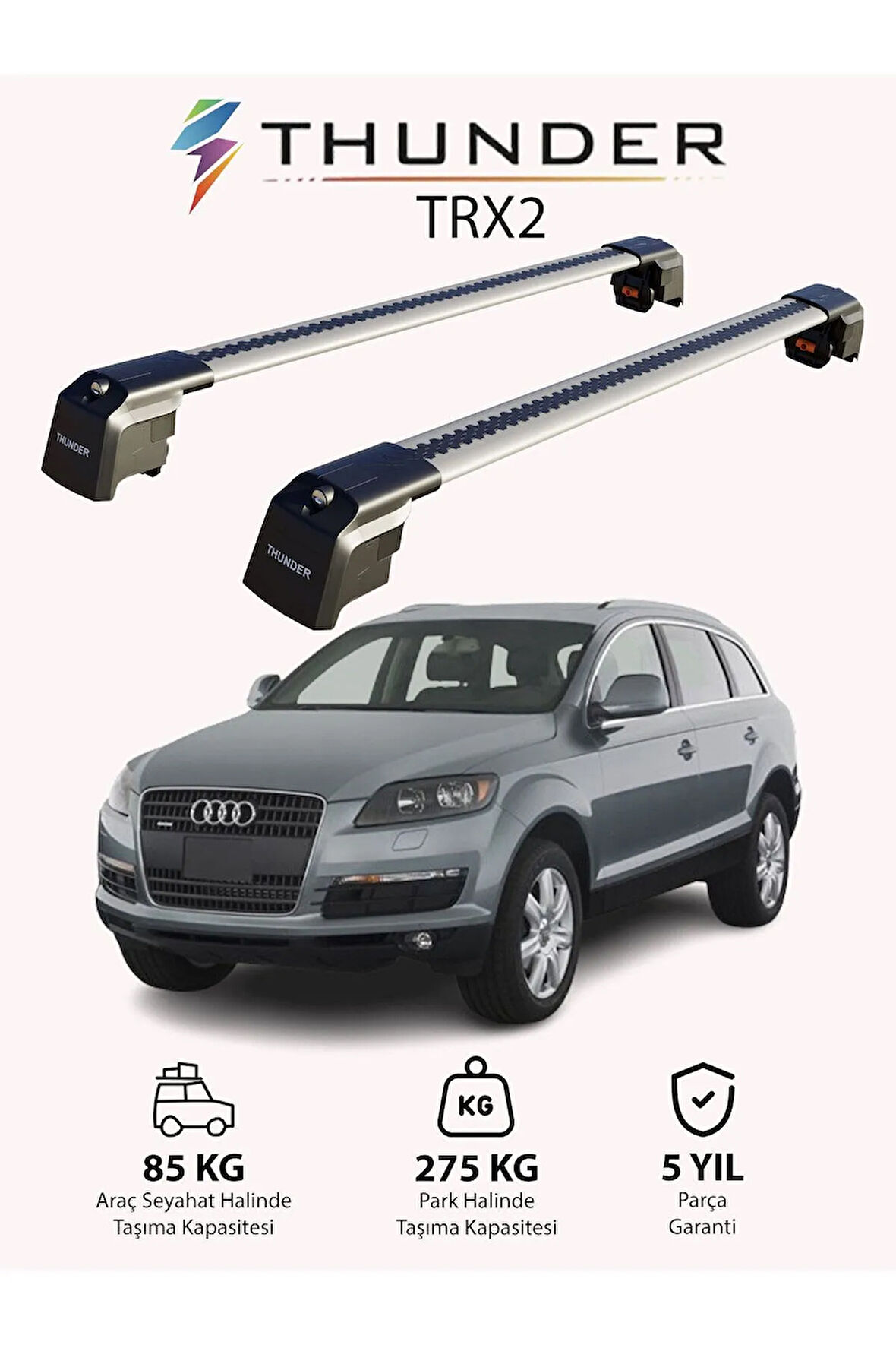 AUDI Q7 2006-2015 TRX2 Thunder Carrier Kilitli Ara Atkı Taşıyıcı Tavan Barı Siyah