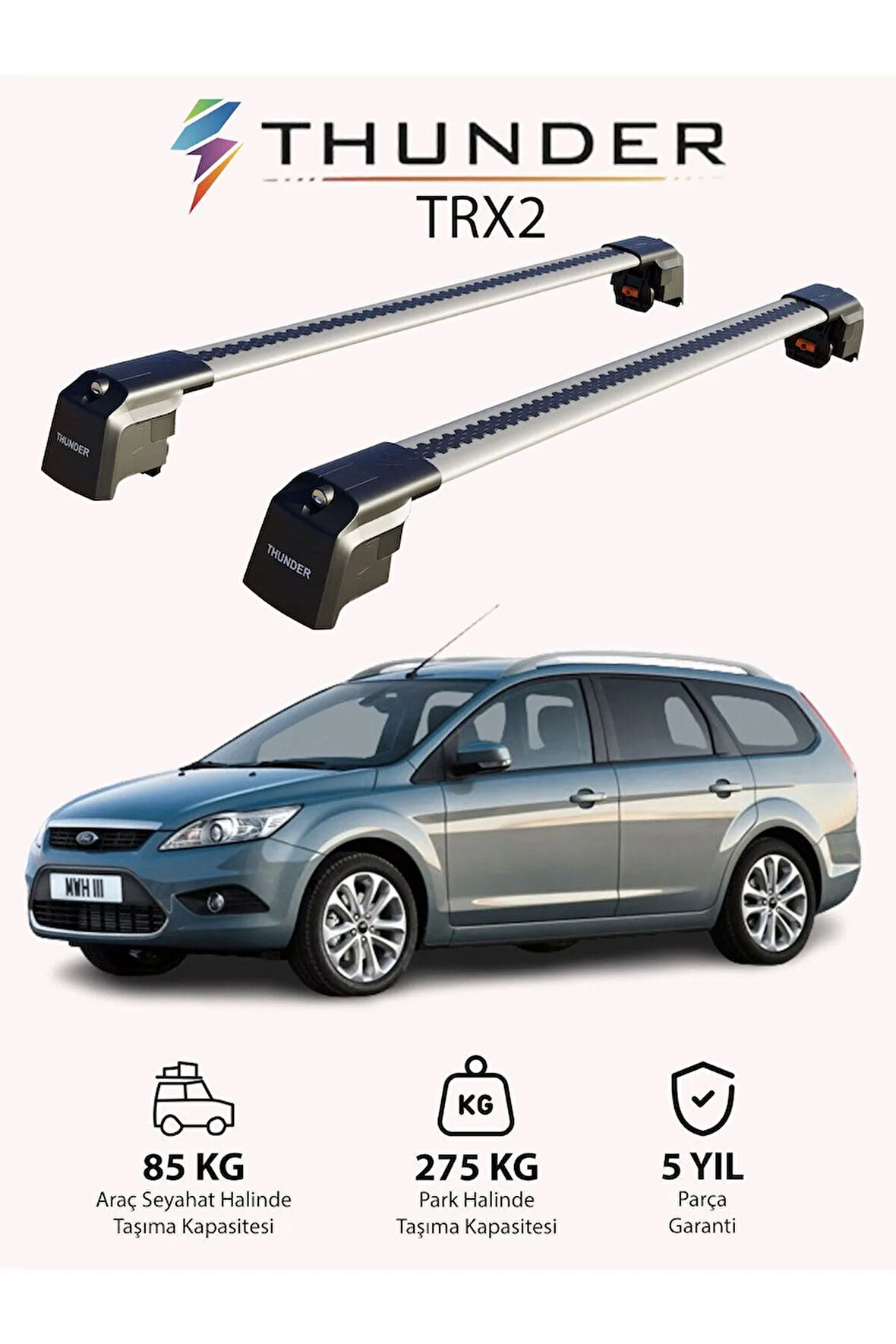 FORD FOCUS ESTATE 2011-2018 TRX2 Thunder Carrier Kilitli Ara Atkı Taşıyıcı Tavan Barı Siyah