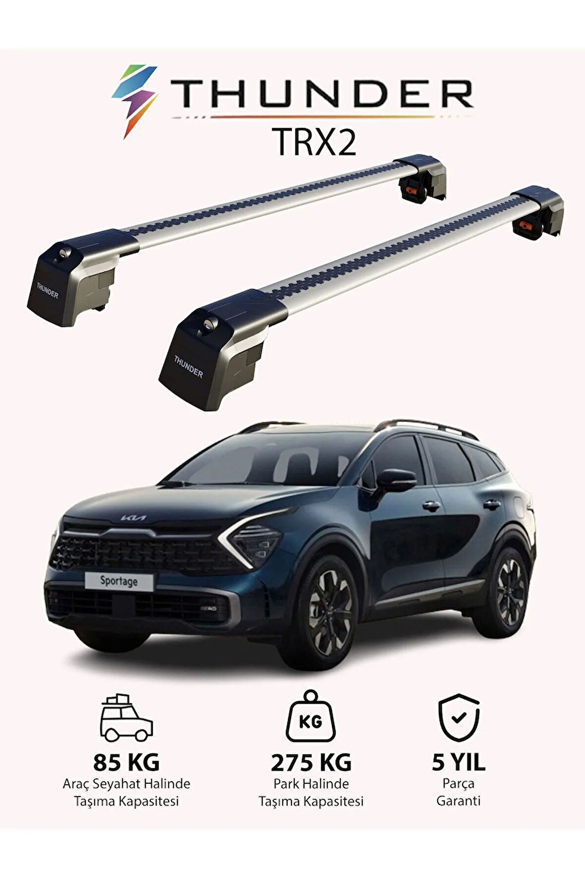 KIA SPORTAGE X-LINE 2022-Sonrası TRX2 Thunder Carrier Kilitli Ara Atkı Taşıyıcı Tavan Barı Siyah