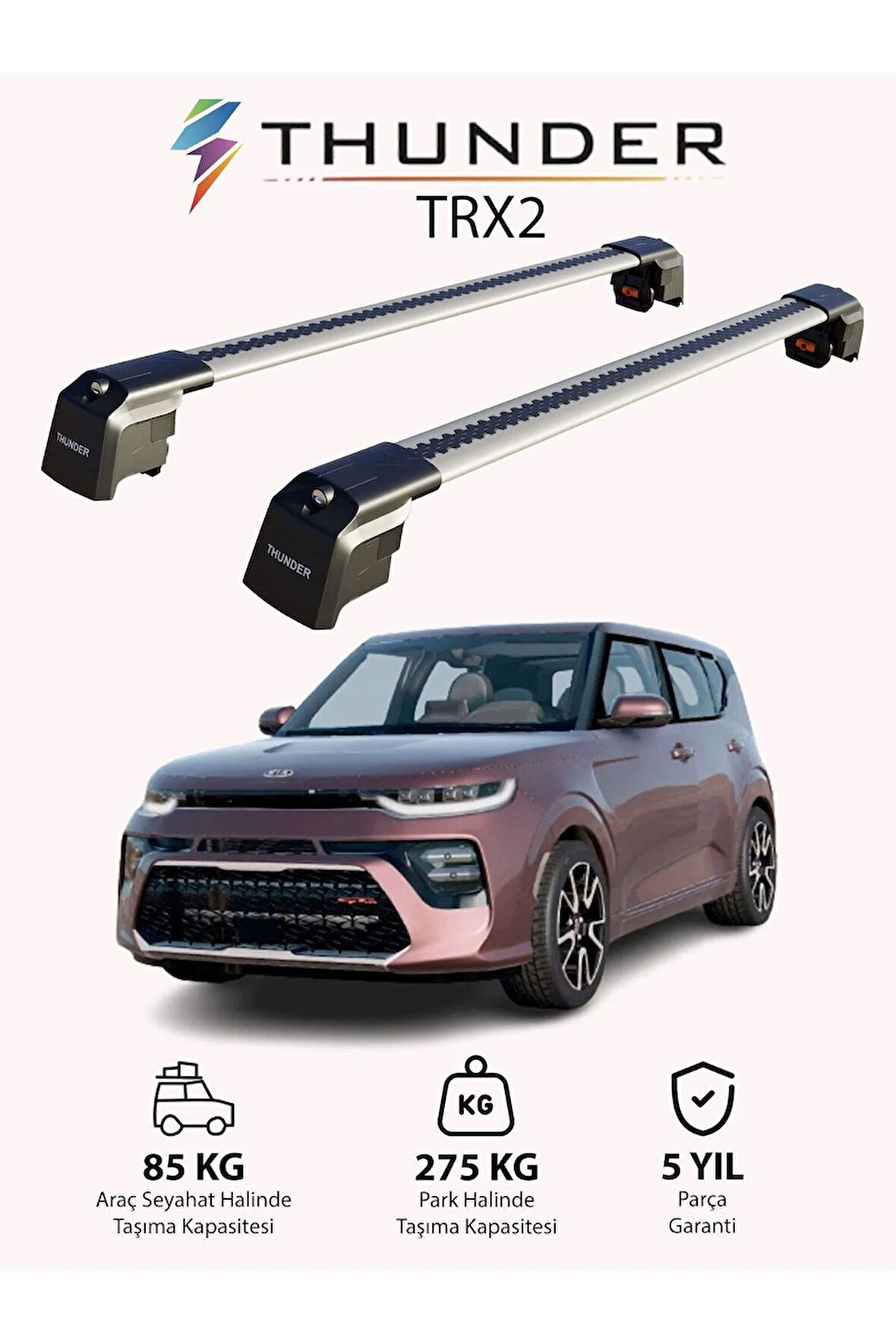 KIA SOUL 2020-Sonrası TRX2 Thunder Carrier Kilitli Ara Atkı Taşıyıcı Tavan Barı Siyah