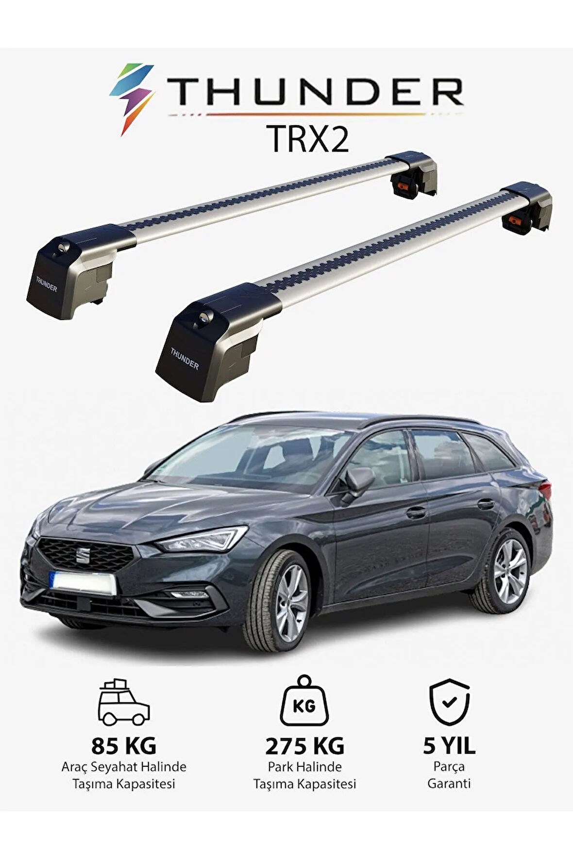 SEAT LEON ST 2021-Sonrası TRX2 Thunder Carrier Kilitli Ara Atkı Taşıyıcı Tavan Barı Siyah