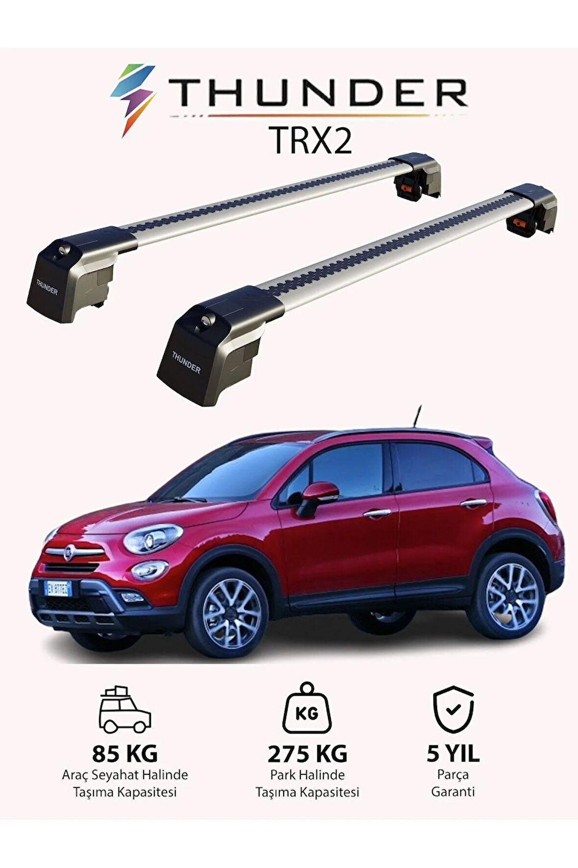 FIAT 500X 2014-Sonrası TRX2 Thunder Carrier Kilitli Ara Atkı Taşıyıcı Tavan Barı Siyah