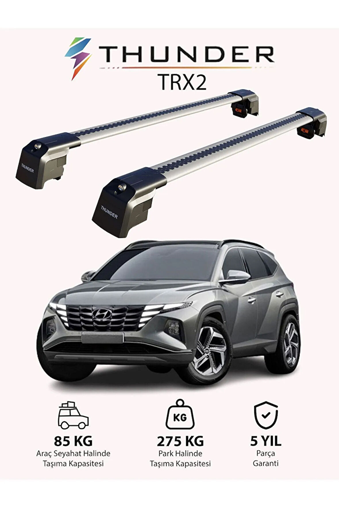 HYUNDAI TUCSON 2022-Sonrası TRX2 Thunder Carrier Kilitli Ara Atkı Taşıyıcı Tavan Barı Siyah