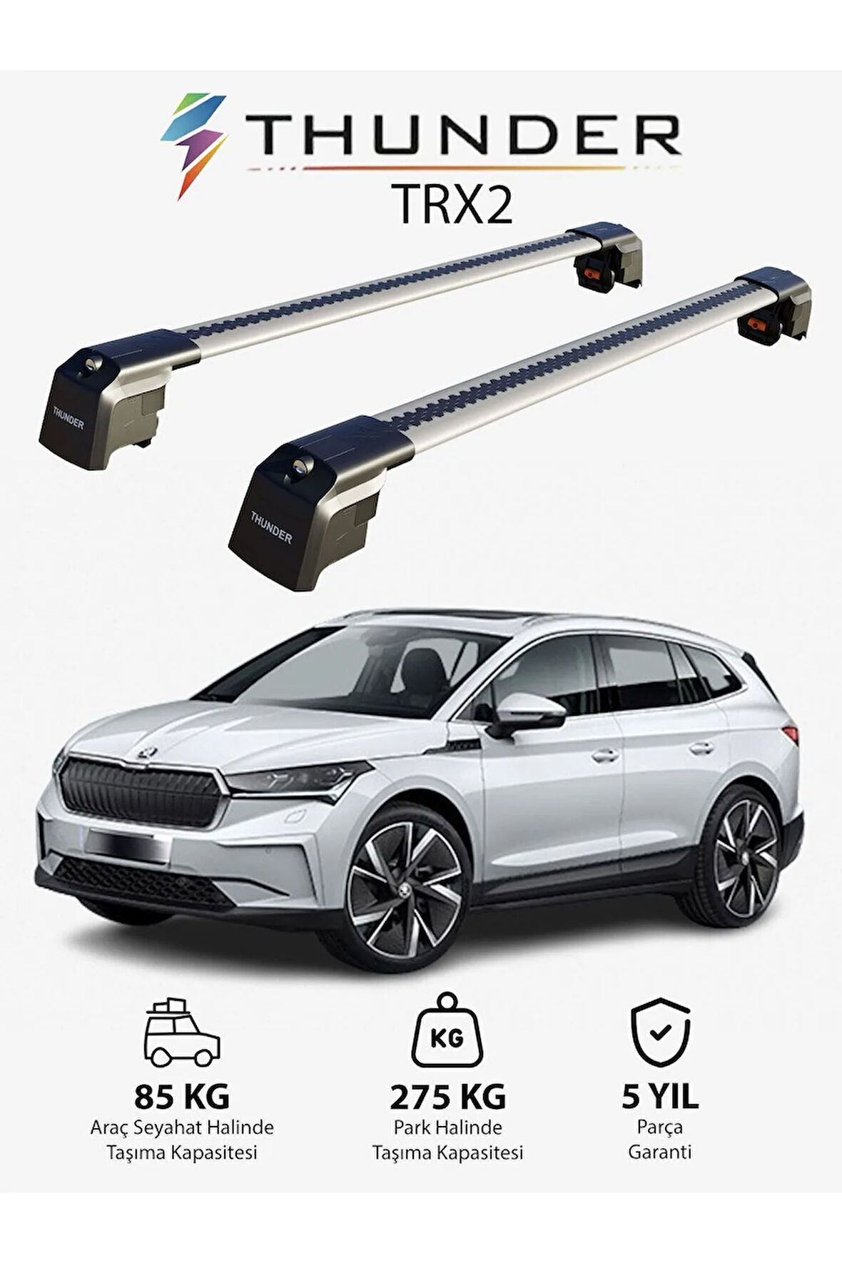 SKODA ENYAQ iV 2020-Sonrası TRX2 Thunder Carrier Kilitli Ara Atkı Taşıyıcı Tavan Barı Siyah