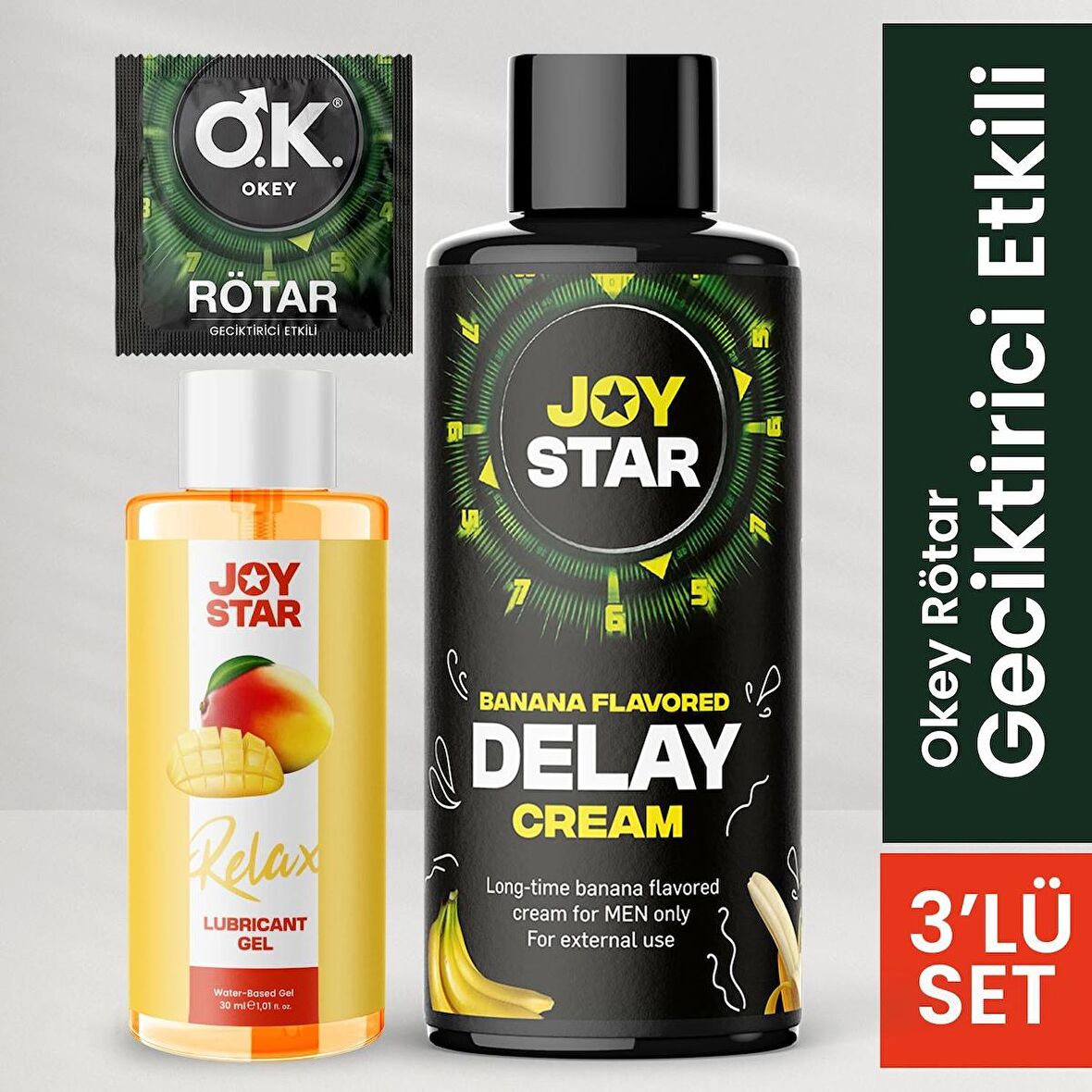 Okey Rötar Tek Kullanımlık Geciktiricili Etkili Prezervatif + Joystar Muz Aromalı Geciktiricili + Mango Kayganlaştırıcı