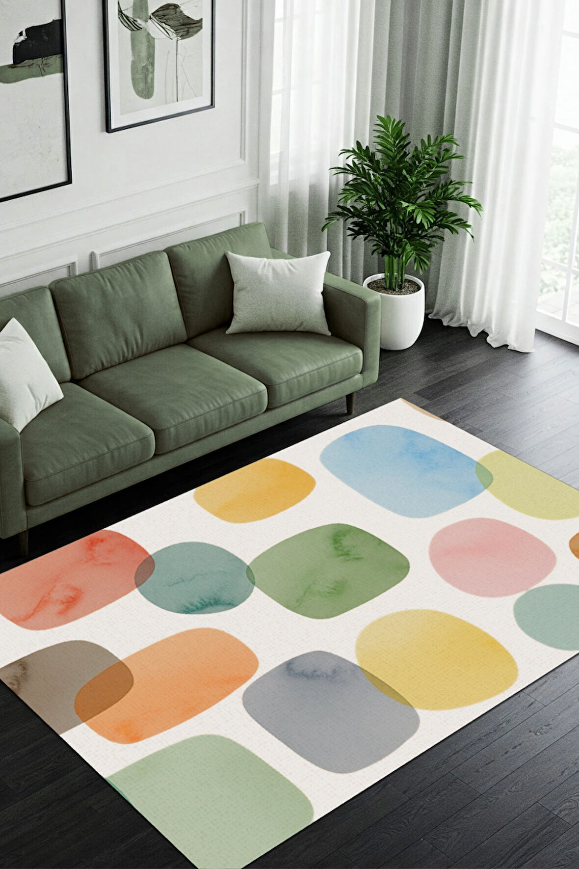 Pastel Renkli Geometrik Desenli Dijital Baskılı Dokuma Kaymaz Tabanlı Yıkanabilir Salon Halısı